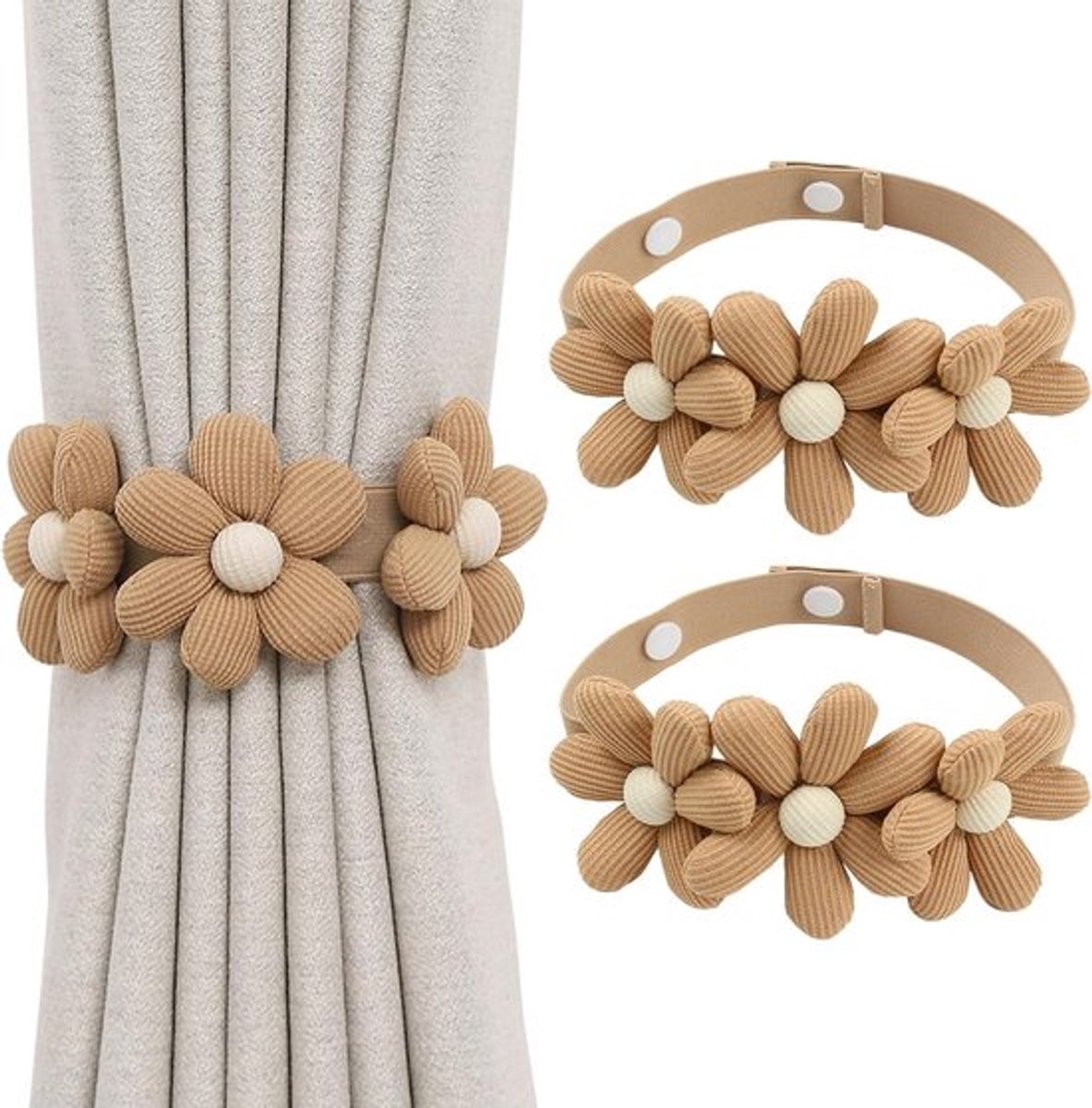 Set van 2 Elastische Verstelbare Gordijnhouders met Bloemenpatroon voor Dikke Zwarte Outdoorgordijnen en Tulle Douchgordijnen in Khaki