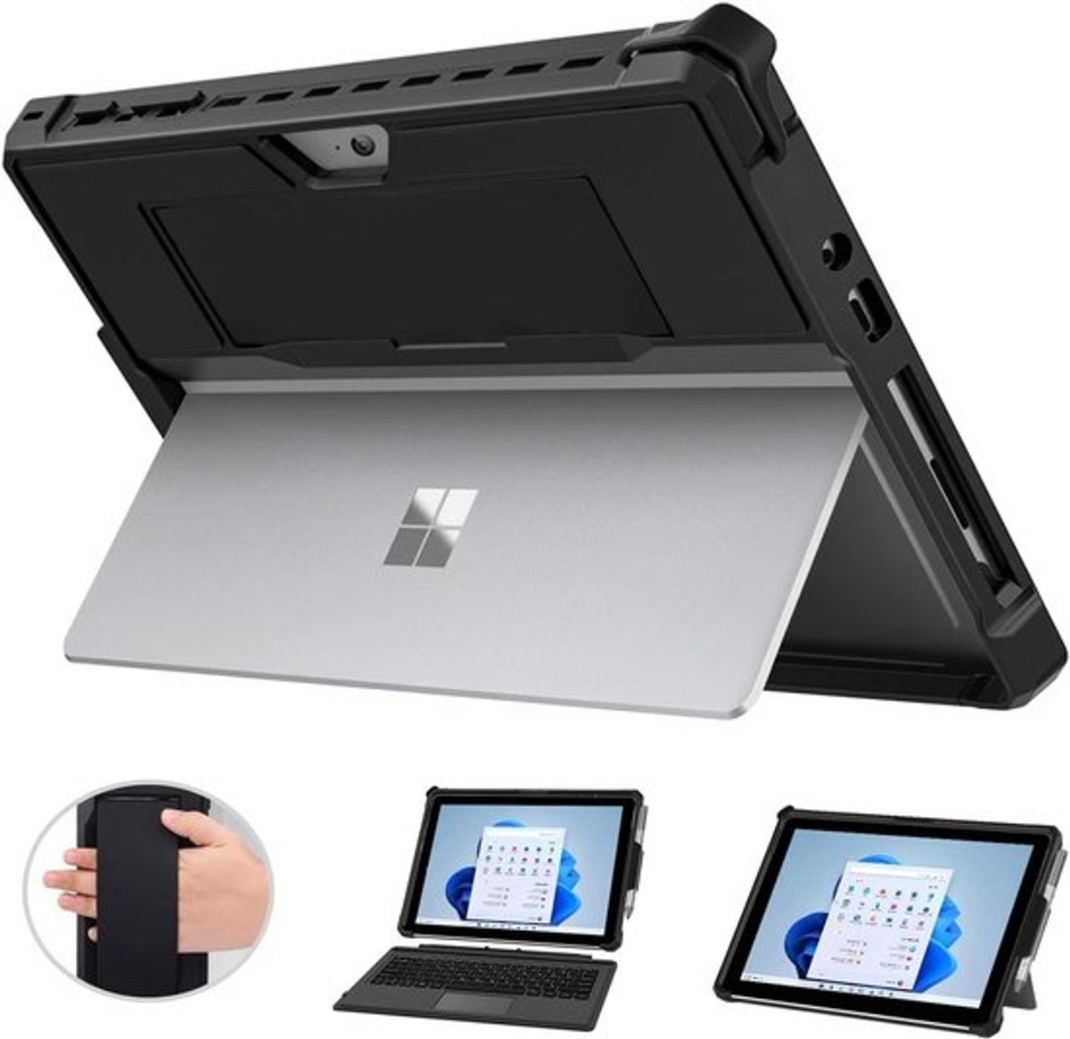 Alles-in-één Beschermhoes voor Surface Go 4/3/2 met penhouder en handriem, geschikt voor Type Cover-toetsenbord - Zwart