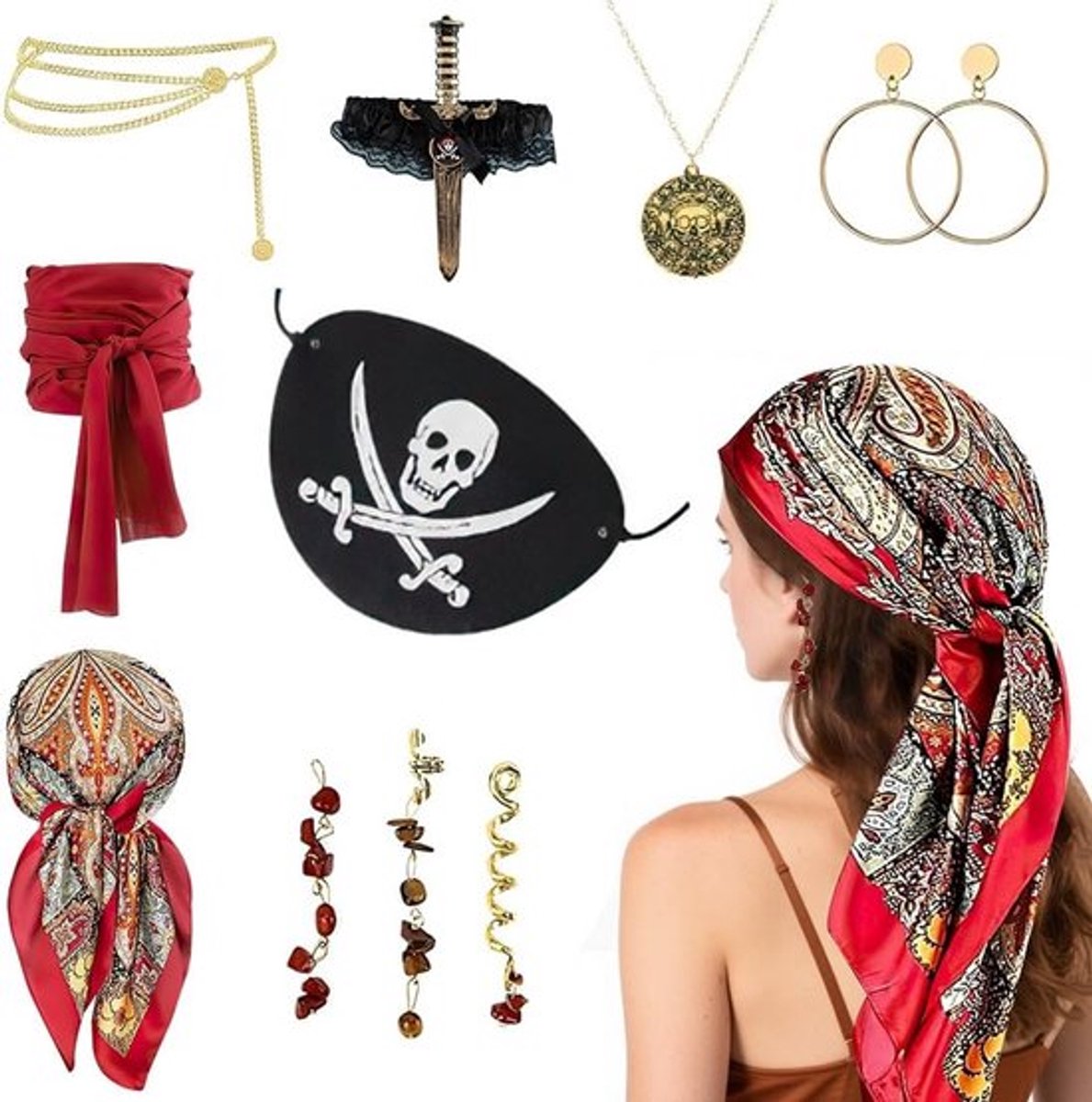 Set van 10 Piratenkostuum Accessoires voor Vrouwen met Hoofddoek, Oorbellen en Ketting voor Halloween en Verkleedfeesten