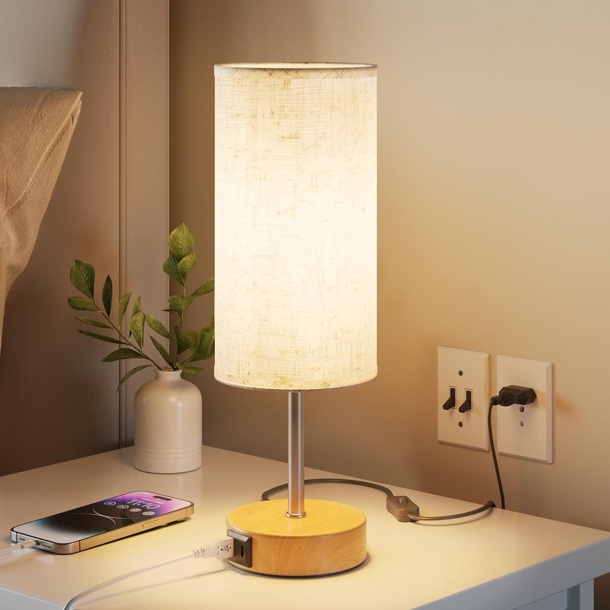 Touch Nachtkastlamp - Houtkleur - 12 x 12 x 36 cm - Dimbaar met USB-A en USB-C Oplaadpoorten - Voor Nachttafel of Bureau