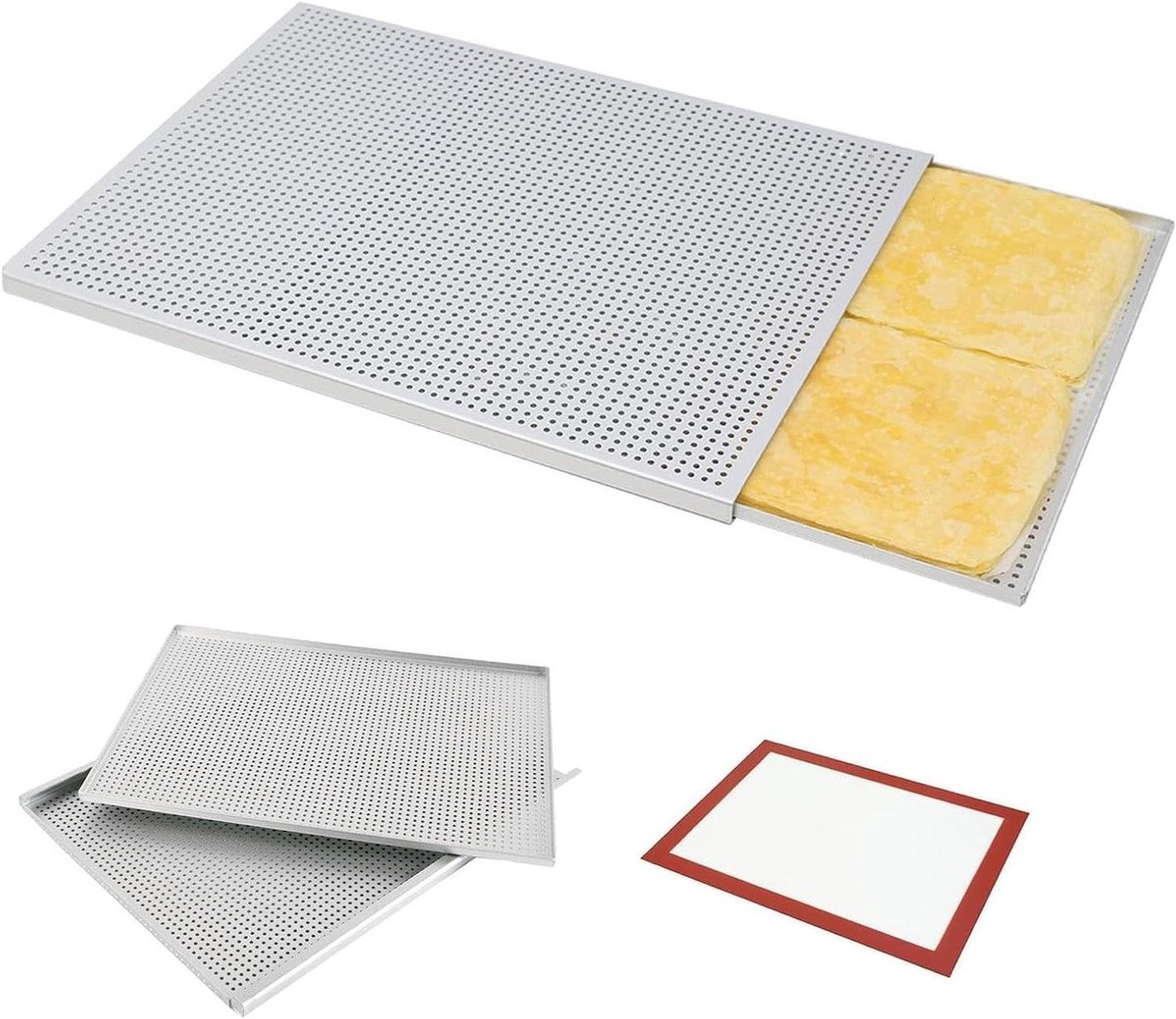 Bakplaat met siliconen mat - Knapperbak anti-aanbak - Thuis bakken - Geperforeerd ontwerp - 40x30 cm - Zilver