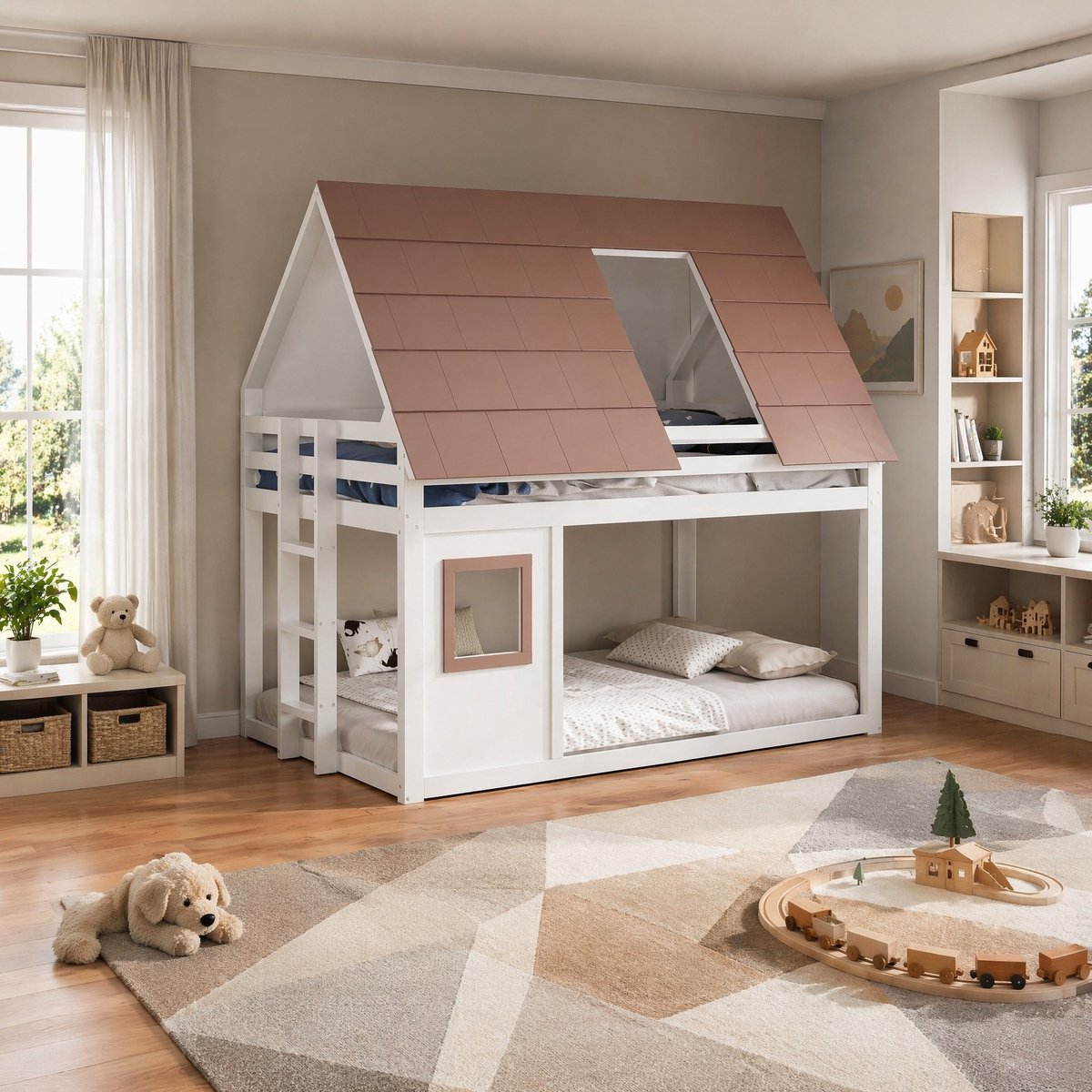 REDOM - Stapelbed - Huisvorm met dak en ladder - Lattenbodem - Hout en MDF - Kinderkamer - Wit en Bruin - 140 x 200 cm