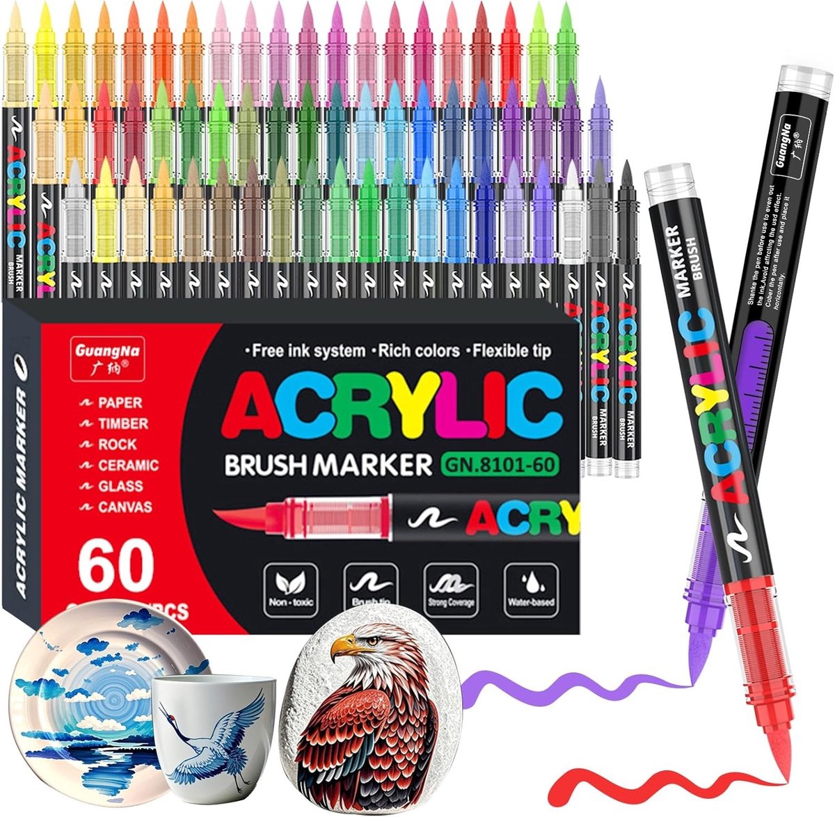 Acrylverf Pennen - 60 Kleuren - Flexibele Penseelpunt - Voor Hout, Glas, Keramiek en Meer