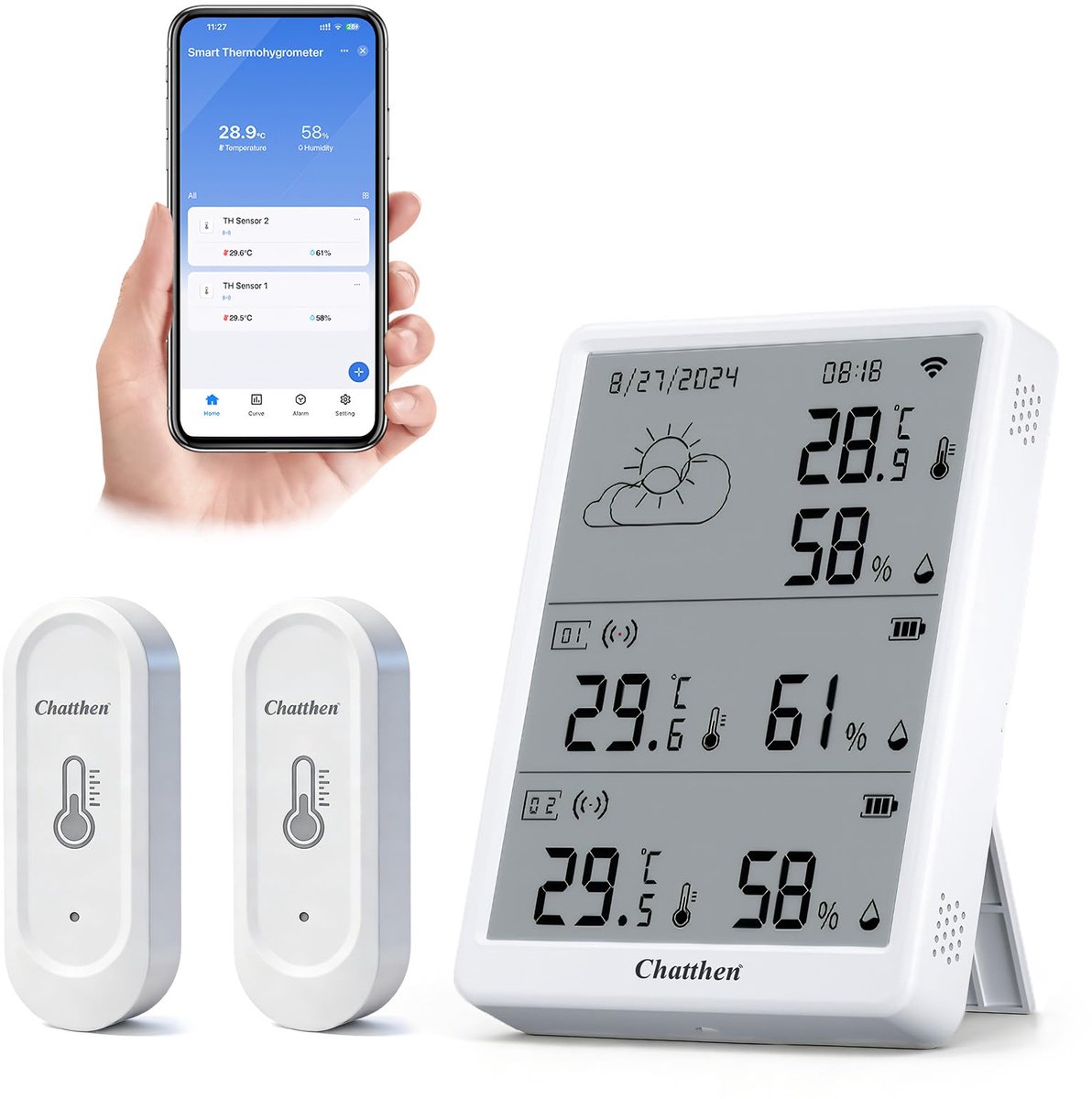 SnelShoppen - Wifi Thermometer voor Binnen en Buiten, Luchtvochtigheidsmeter met 2 Sensoren, Bereik 100 m, Slimme Thermometer met Gratis Data-export e