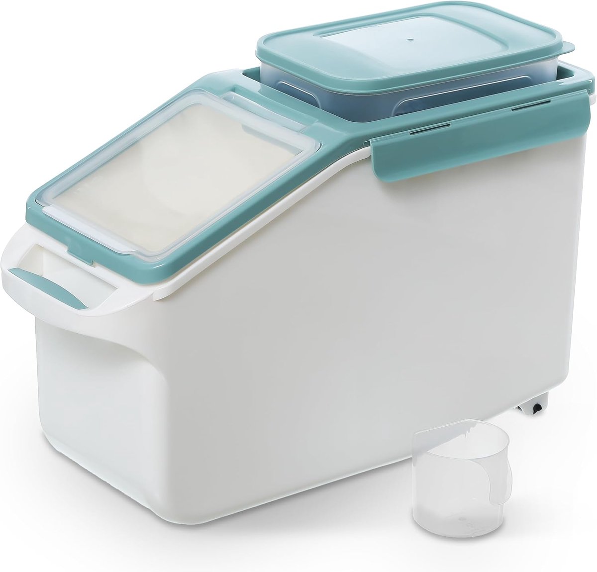 SnelShoppen - Dogfood Opbergdoos 12L + 1.8L met Wielen, Voercontainer voor Honden en Katten, Droog Voedsel Opbergdoos, Maat 48x20x29 cm, Groene Kleur,