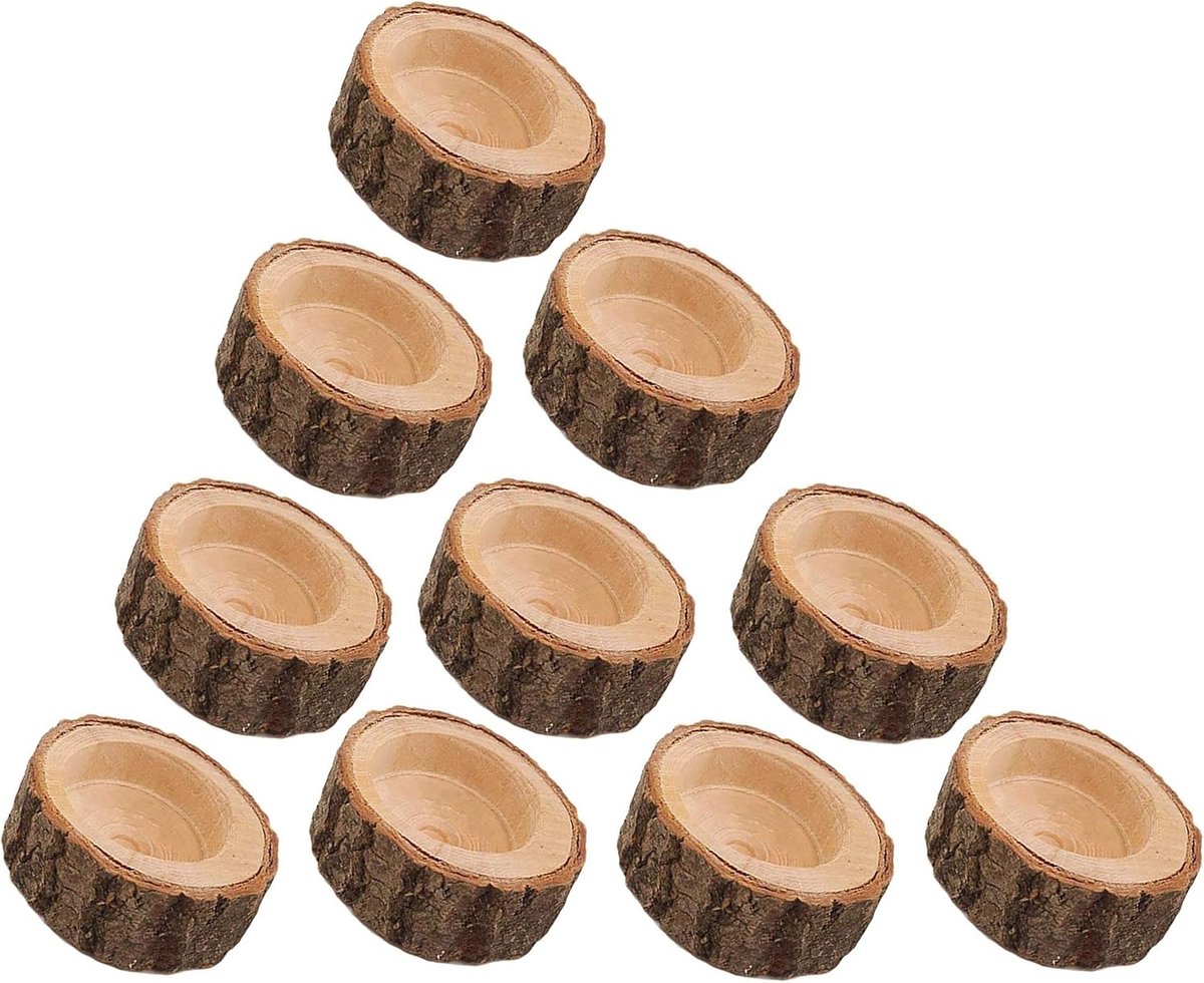 SnelShoppen - 10 Stuks Houten Kaarsenhouder met Schors - Rustiek Decoratief Kaarsenstandaard voor Tafel, Huis, Bruiloft, Kerst, Feest