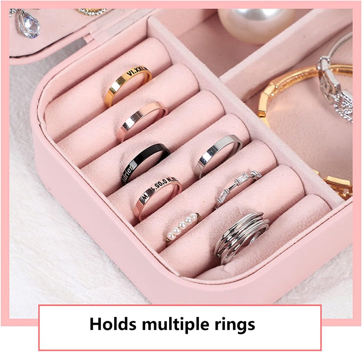 SnelShoppen - PU Leren Sieraden Doosje - Draagbare Kleine Sieraden Organizer voor Ringen, Oorbellen en Kettingen - Roze - Dubbele Laag met Opbergcapac