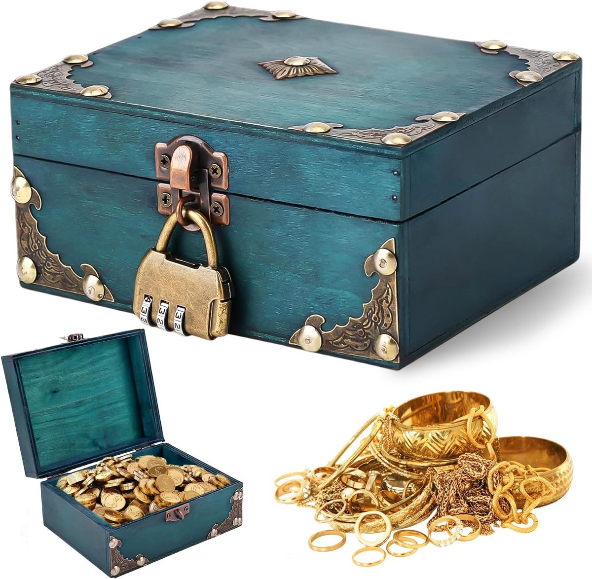 SnelShoppen - Vintage Houten Piratenkist met Combinatielock - Schatkist voor Opslag en Decoratie, Kinderen, Verjaardagscadeaus (15 x 12 x 7 cm, Groen)
