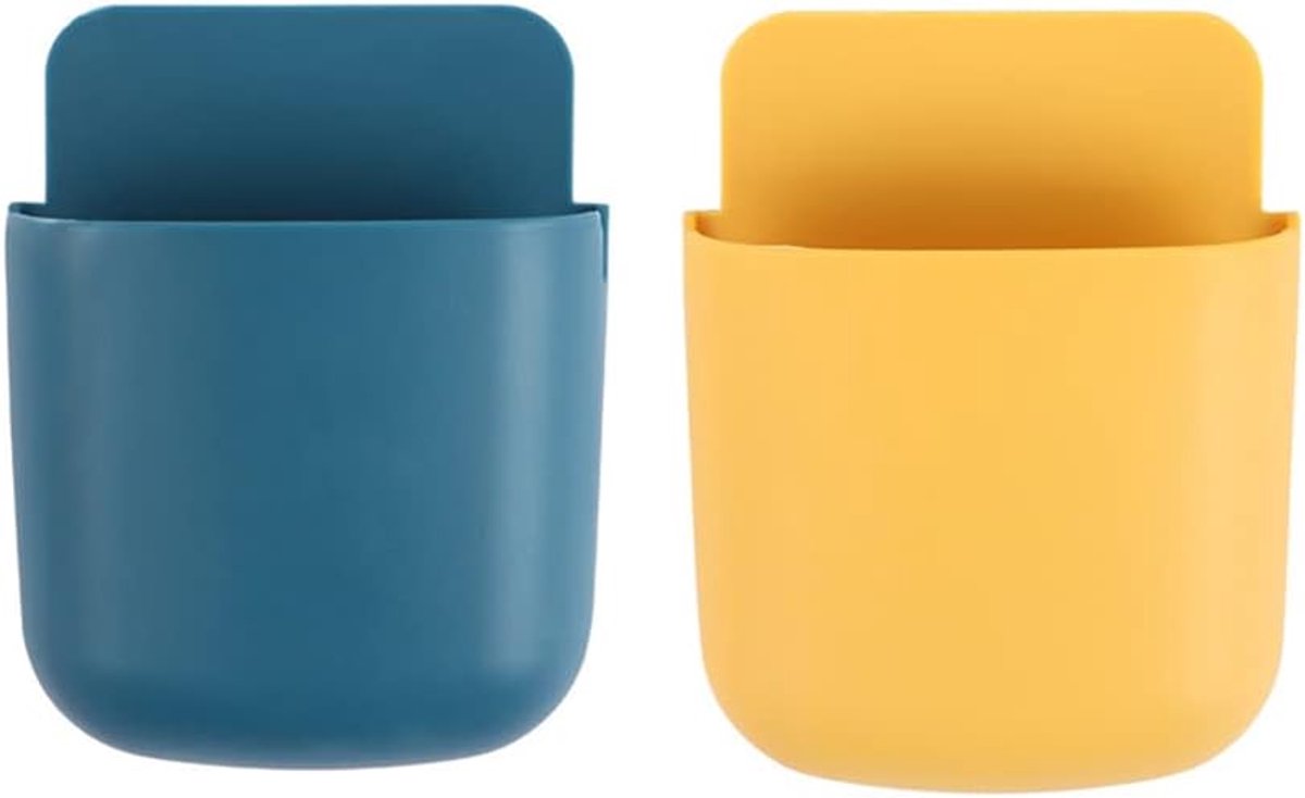 SnelShoppen - Wandgemonteerde Opbergbak voor Afstandsbediening, Mobiele Telefoon, Make-up, Sleutels - Organiser en Oplaadstation (Geel+Blauw)