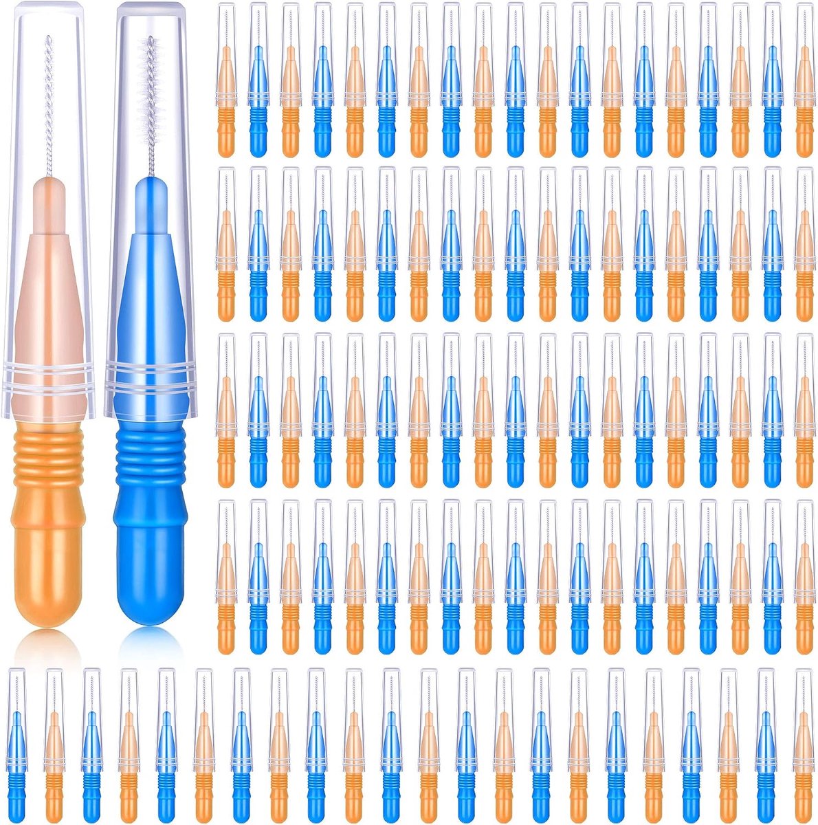 SnelShoppen - 100 Stuks Tandenborstel Flosser Met Interdentale Borstels Tandenstokers Voor Mondhygiëne - Oranje & Blauw, Ideaal Voor Dagelijks Gebruik