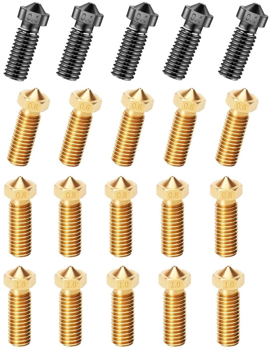 SnelShoppen - 20 Stck Vulkan Düse (0.4MM-0.6MM-0.8MM-1MM) Gehard Staal + Messing M6 Gehard Staal Drukkop voor J-Head Hotend-Extruder Onderdelen, Compa