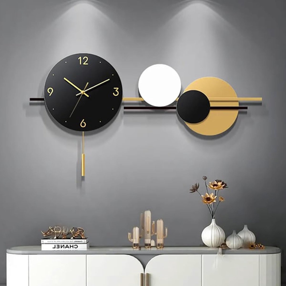 SnelShoppen - Grote Wandklok zonder Tikkende Geluiden - Moderne Geometrische Ronde Wandklok met Slinger voor Woonkamer - Stijlvolle Digitale Wandklok