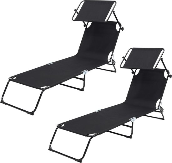 Ligbed Met Zonnescherm - Loungestoel Set - Buiten Ontspannen - Verstelbaar Inklapbaar - Set van 2 - Zwart