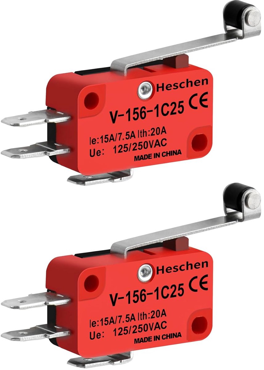 SnelShoppen - Micro Schakelaar met Lange Roller Hefboom, Wisselschakelaar, 20 A, 250 V AC, 2 Stuks, V-156-1C25, Elektronische Toepassingen, Duurzaam e