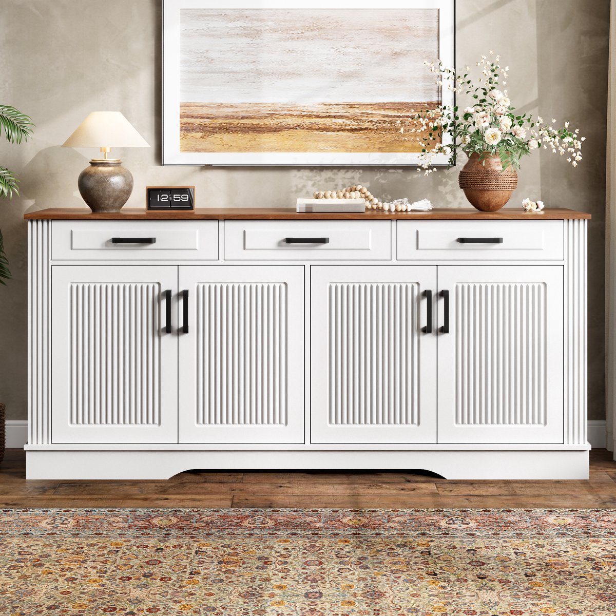 VVBV Dressoir - 160 x 40 x 75 cm, Wit, met 3 Lades en 4 Deuren, Verstelbare Planken, Reliëffronten, MDF, Veel Opbergruimte