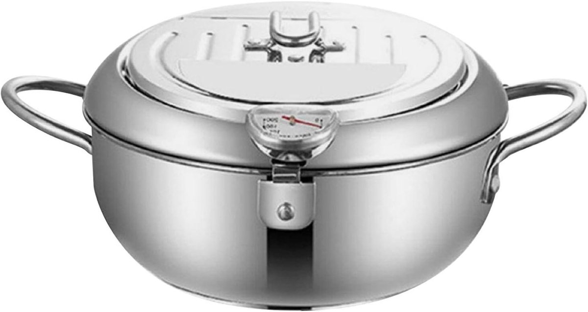 Frituurpan RVS - Koekenpan met deksel - Lekker Frituren - Ingebouwde Thermometer - 21.7 cm breed - Zilver