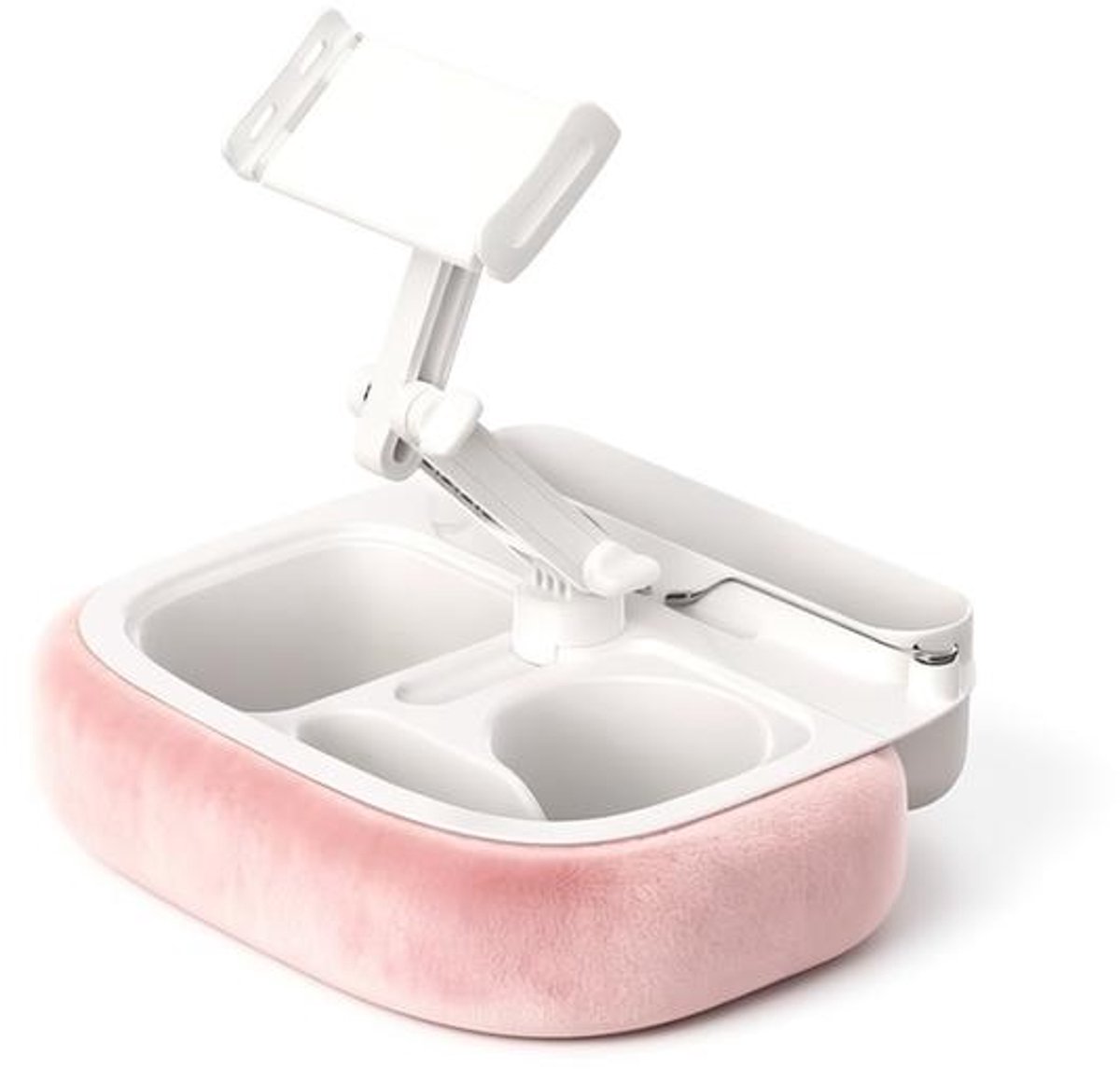 Verstelbare Tabletkussenstandaard voor Bed en Schoot, 360° Draaibare iPad Houder met Afneembaar Snackblad, Handsfree Standaard voor 13,72-22,35 cm Apparaten-ROZE.