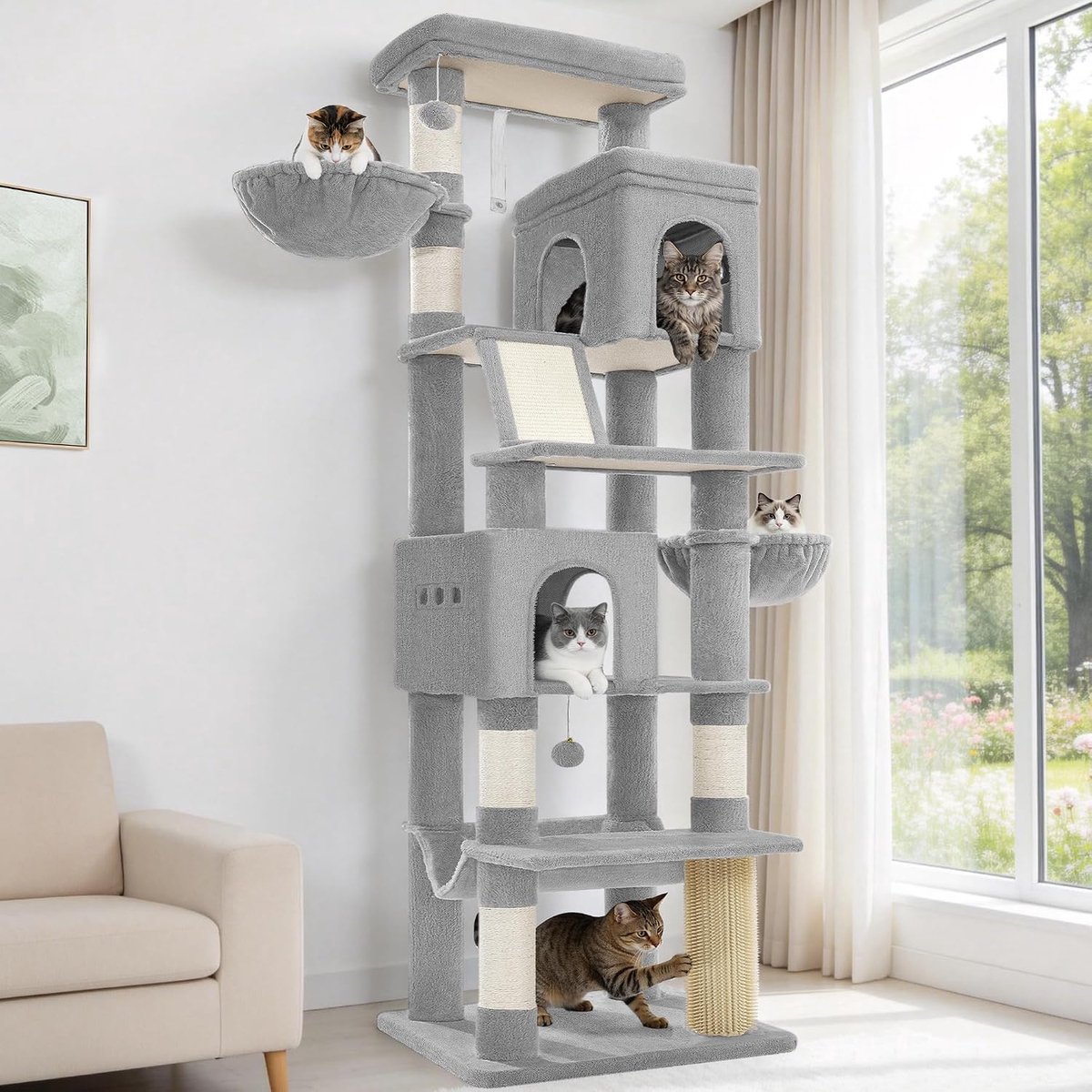 Hzuaneri Grote Krabpaal, 213 cm hoog, XXL Krabpaal, 2 Platformen, 2 Holtes, 5 Krabpalen, Krabplank, Kattenmand, Hangmat, Geschikt voor Alle Kattenrassen, Maine Coon, Lichtgrijs