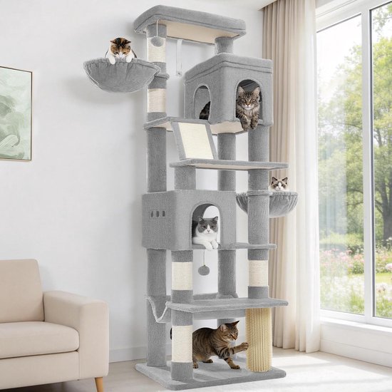 Grote grijze kattenboom met zes verdiepingen, diverse huisjes, mandjes, krabpalen en katten die erop spelen.