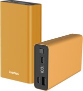 Gouden imoshion powerbank met 100% lading display, USB-C en USB-A poorten. Geribbelde zijkant.