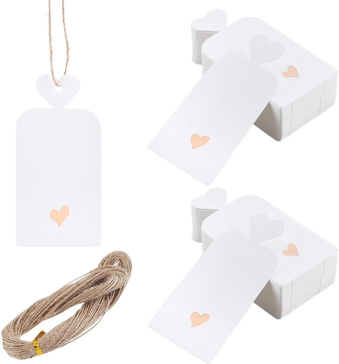 SnelShoppen - 200 Stuks Geschenkhangers van Papier met 40 m Jute Koord - Wit Rechthoekig Hart - Onbedrukte Ophangetiketten voor Bruiloften, Kerstmis,
