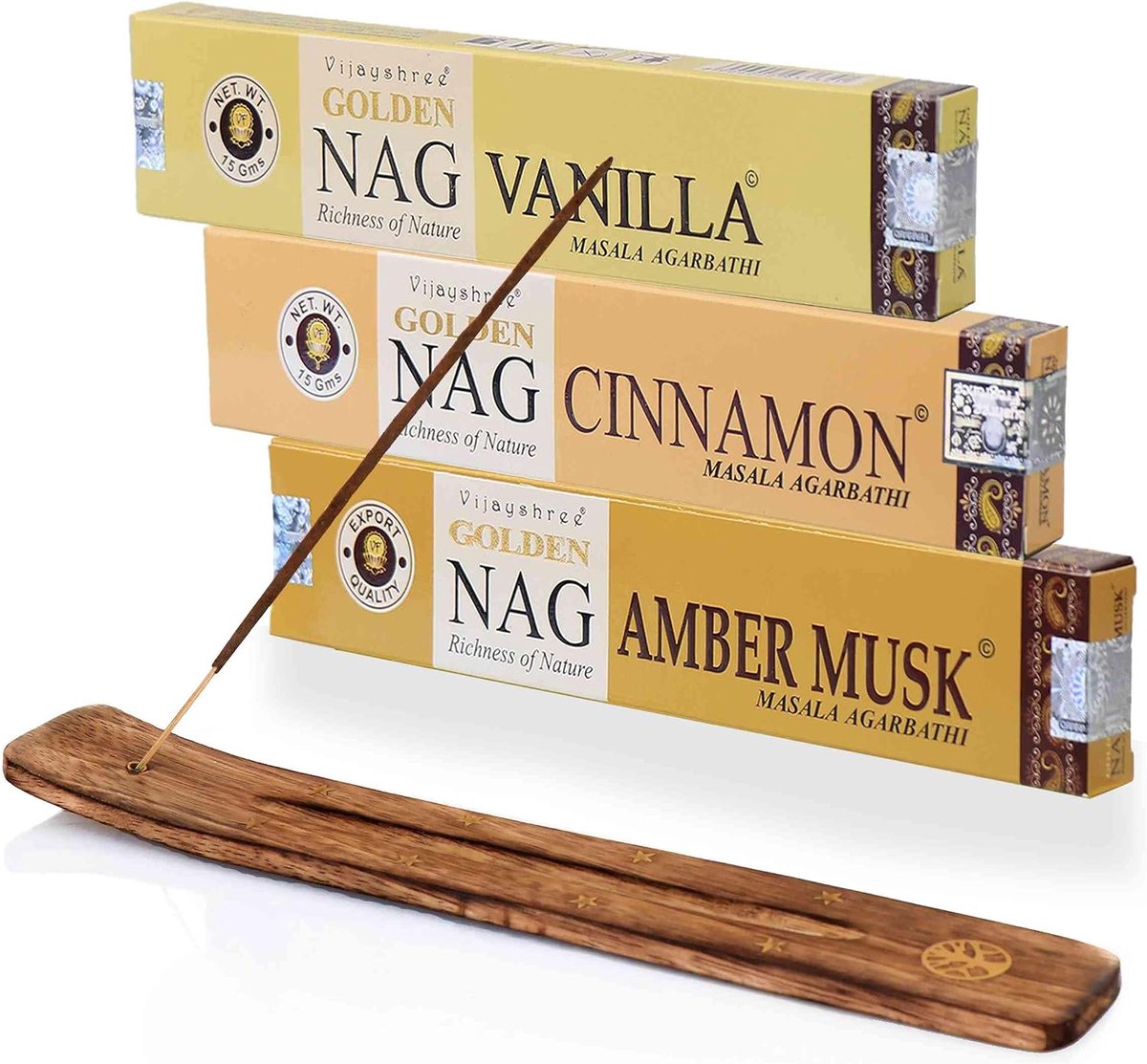 SnelShoppen - Masala Wierookstokjes Set - Gouden Vanille, Kaneel & Amber Musk - Houten Houder - 3-Stuks voor Ontspanning en Cosy Sfeer