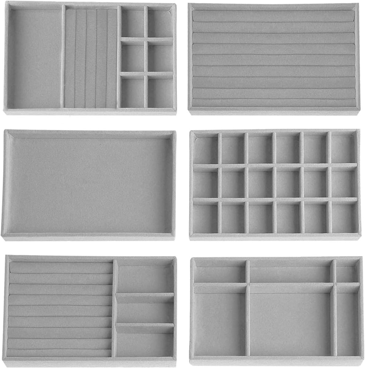 SnelShoppen - 6-delige Sieraden Organizer, Ring, Ketting, Oorbellen, Armband en Sieradenbox, Stapelbare Sieradenopbergsystemen, Grijs