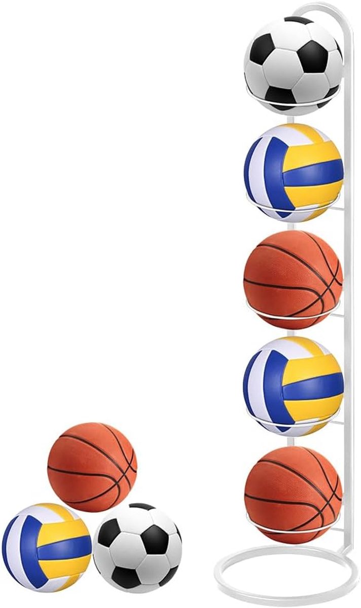 SnelShoppen - 5-traps balstandaard voor verticale balopslag, metalen displayhouder voor ballen, wit, perfect voor sport, evenementen en thuisgebruik
