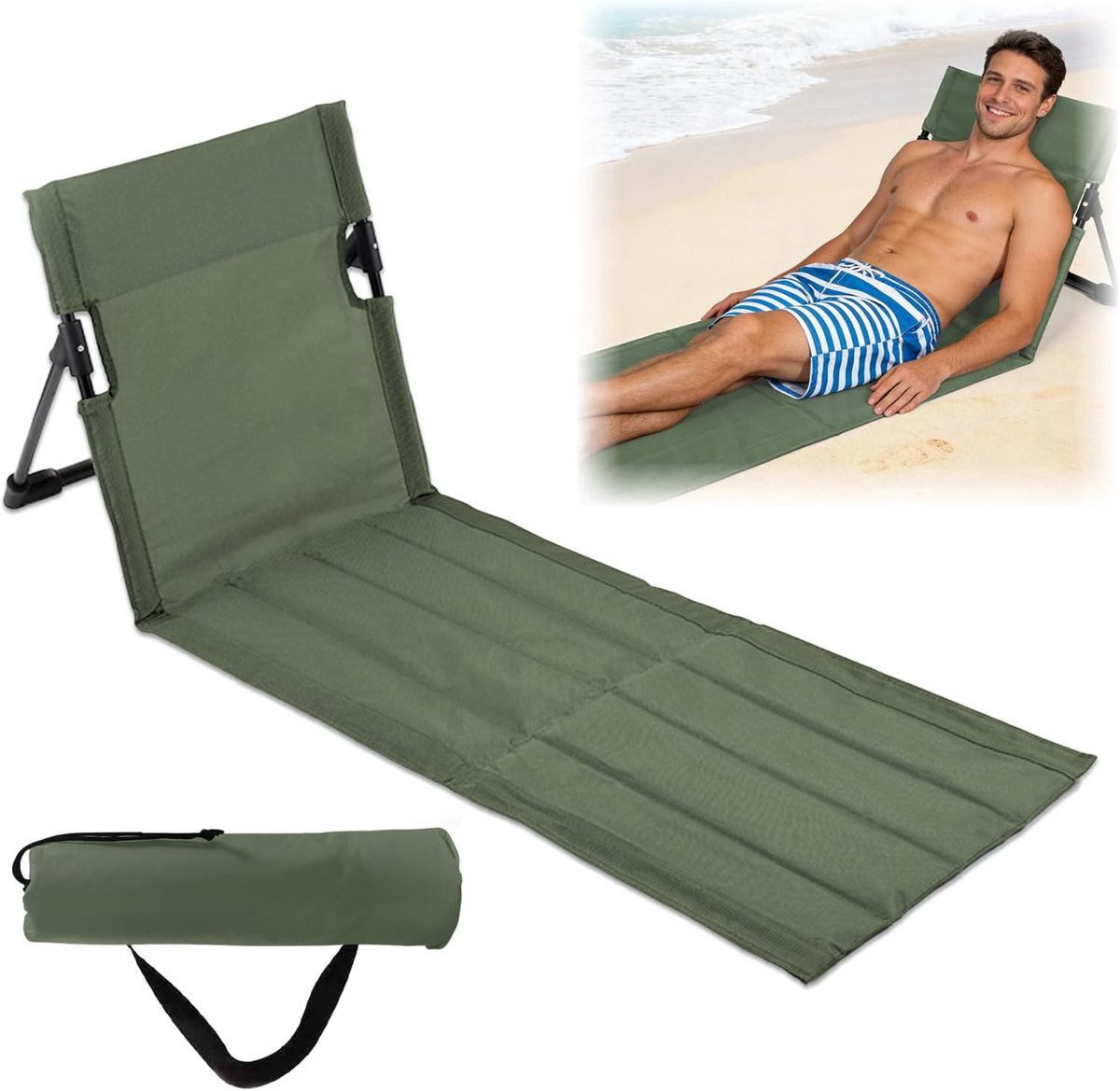 SnelShoppen - Vouwbare Strandstoel Groen met Rugleuning, Lichtgewicht Buitenmat, Extra Lange Ligplek voor Camping, Strand, Reizen, Thuis
