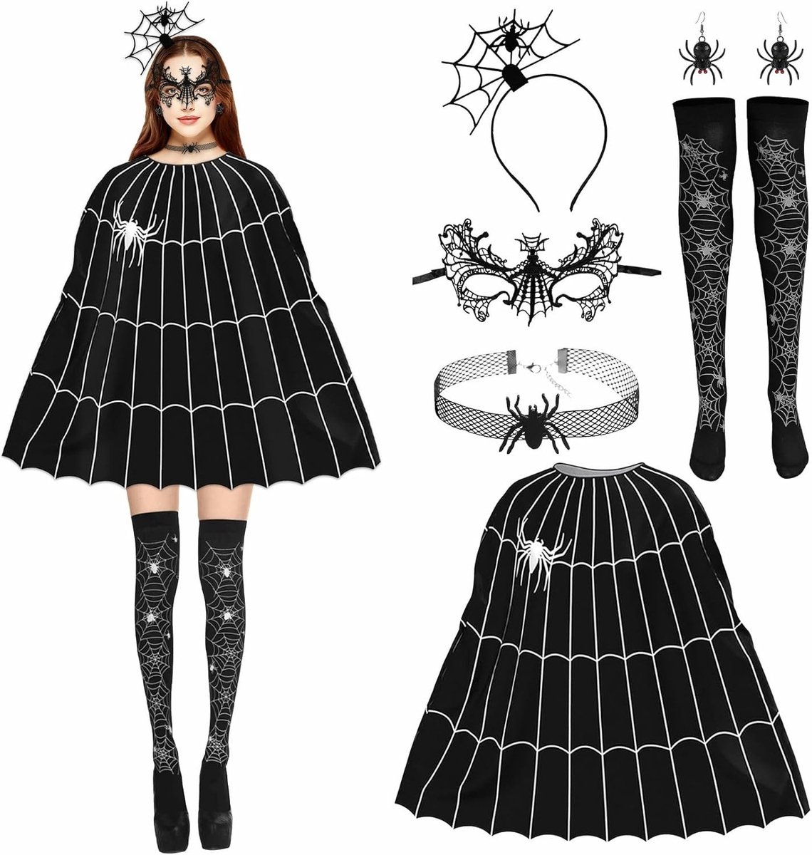 Halloween Kostuum Spinnenweb Jurk Poncho Set met Spinnenmasker, Haarband, Sieraden en Kousen voor Vrouwen - Perfect voor Halloween Feest en Verkleedpartijen