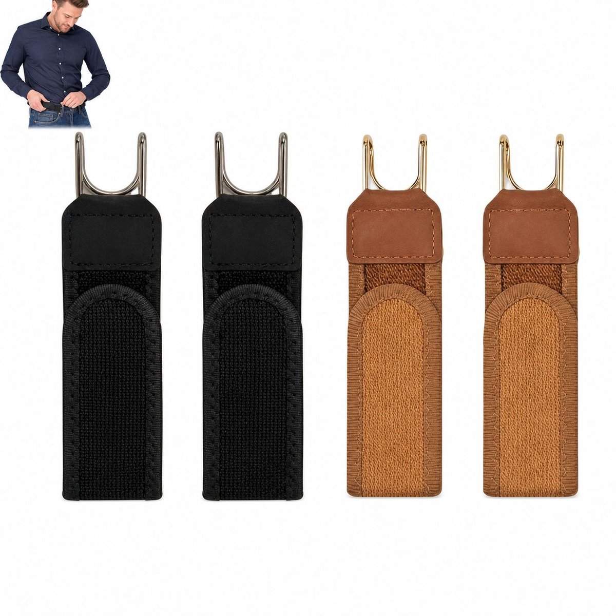 VHV-Elastische Tailleband met Klittenband - Verstelbare Comfortriem met Metalen Haak - 4 Stuks (2x Zwart, 2x Bruin) - Unisex Riem zonder Gesp