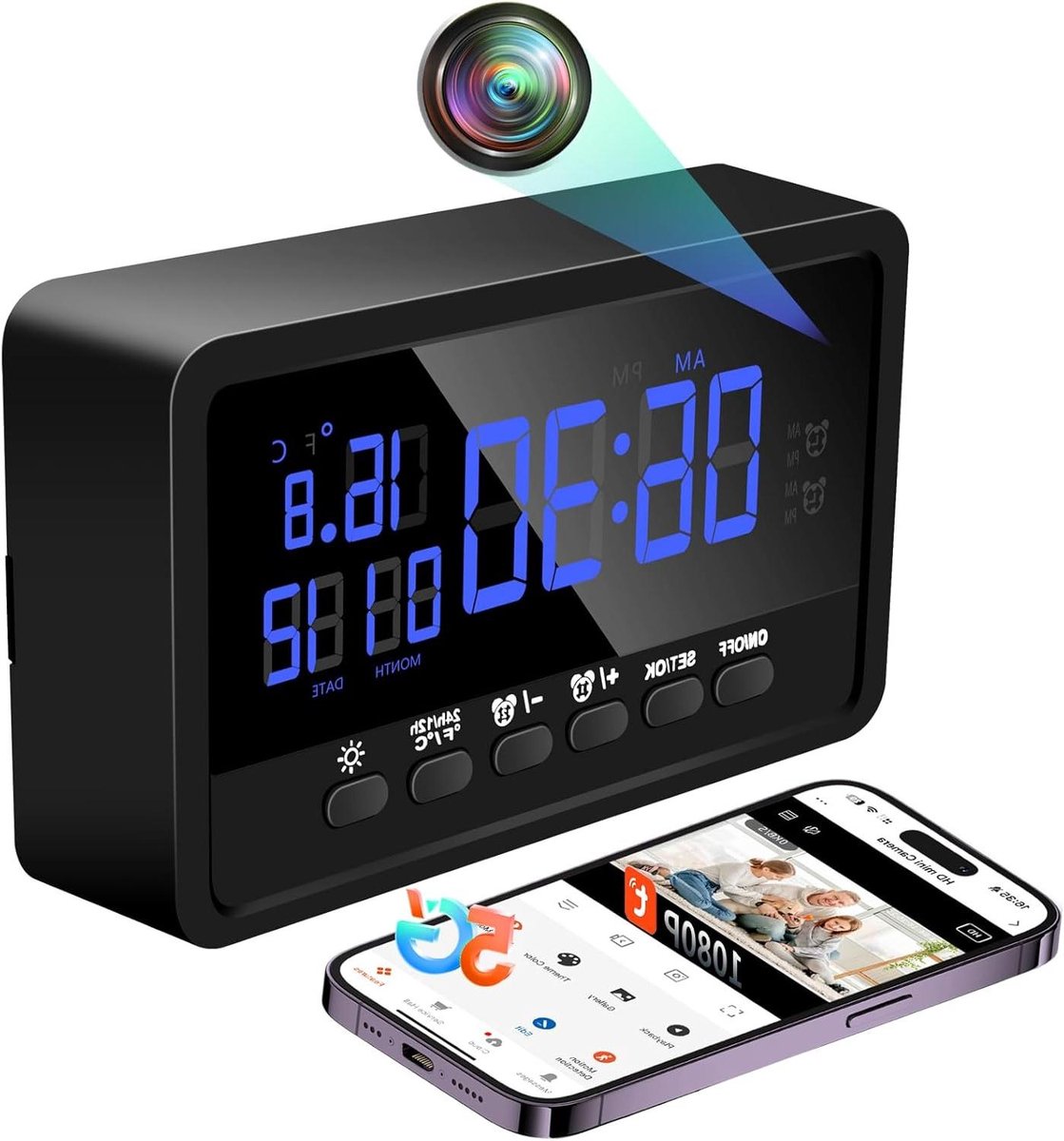Spion Camera Wekker - Verborgen Camera - Huis Beveiliging - Dubbele WiFi Band - 1080P HD Resolutie - Zwart