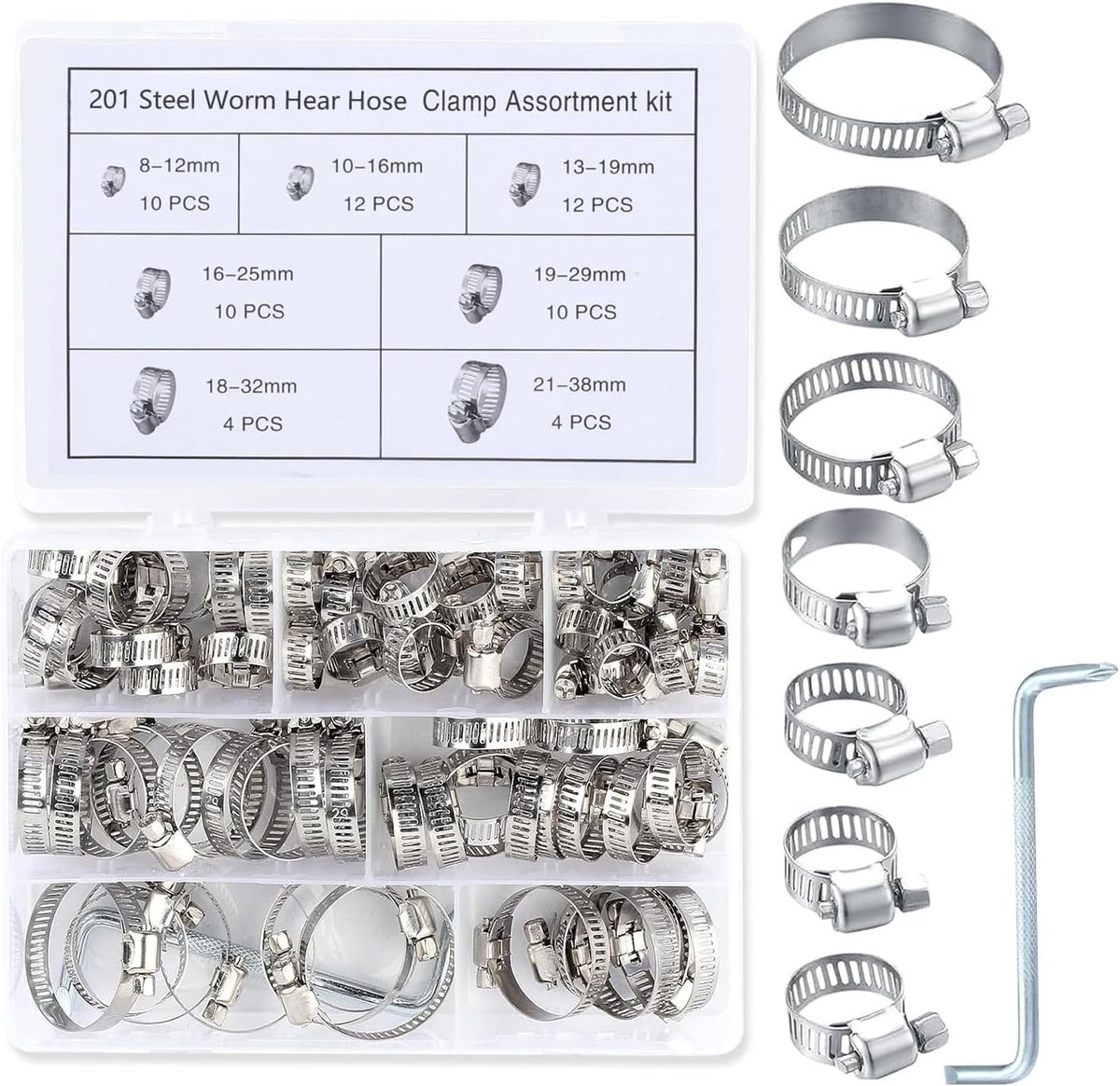 Slangklemmen set 62-delig - roestvrij staal - 7 maten (8-38 mm) - ideaal voor lekkage reparatie - ShopVlot