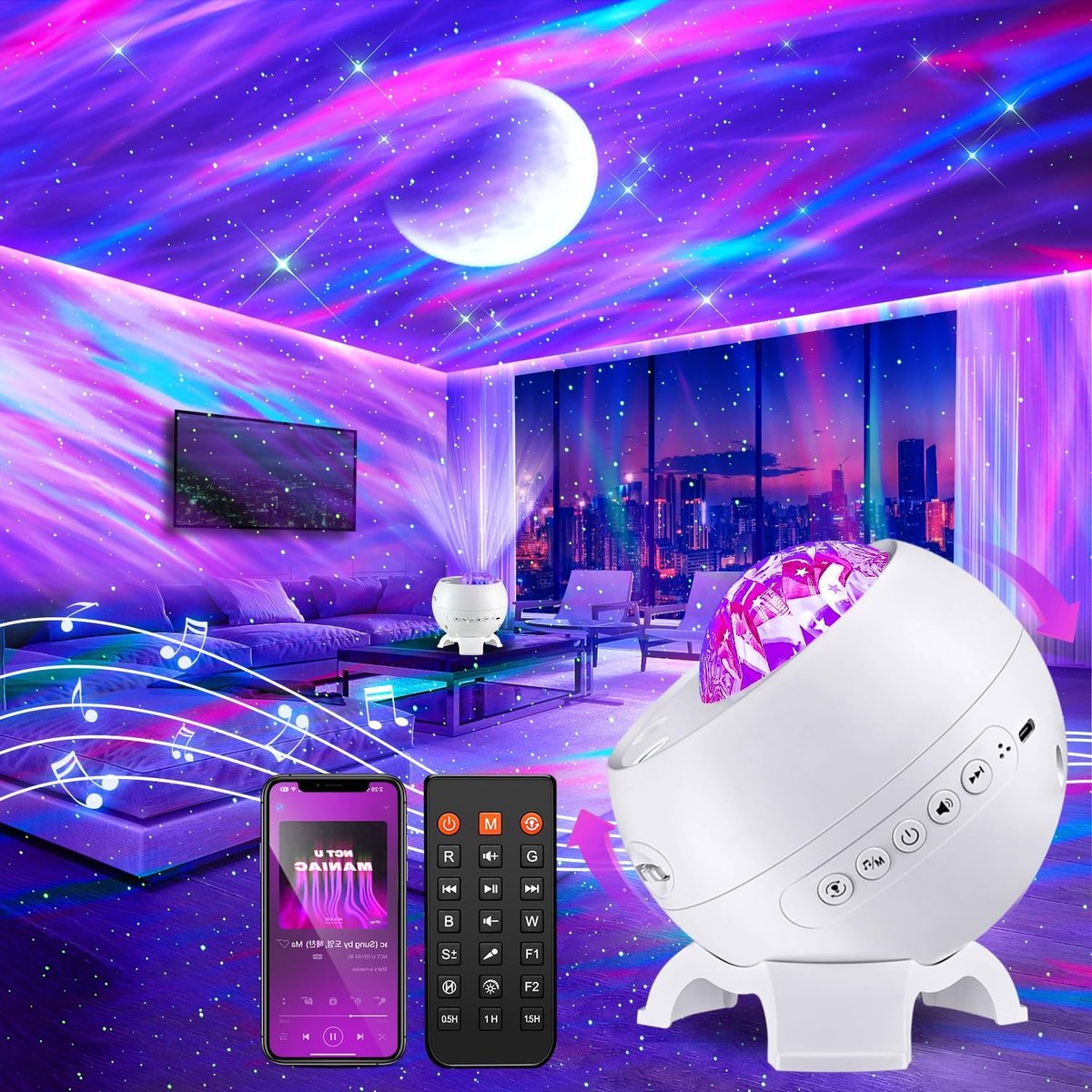 Sterrenhemelprojector voor led-slaapkamer – kindernachtlamp met 15 kleuren + 5 manen – kamerdecoratie met Bluetooth – 15 witte ruisgeluiden en afstandsbediening – wit.
