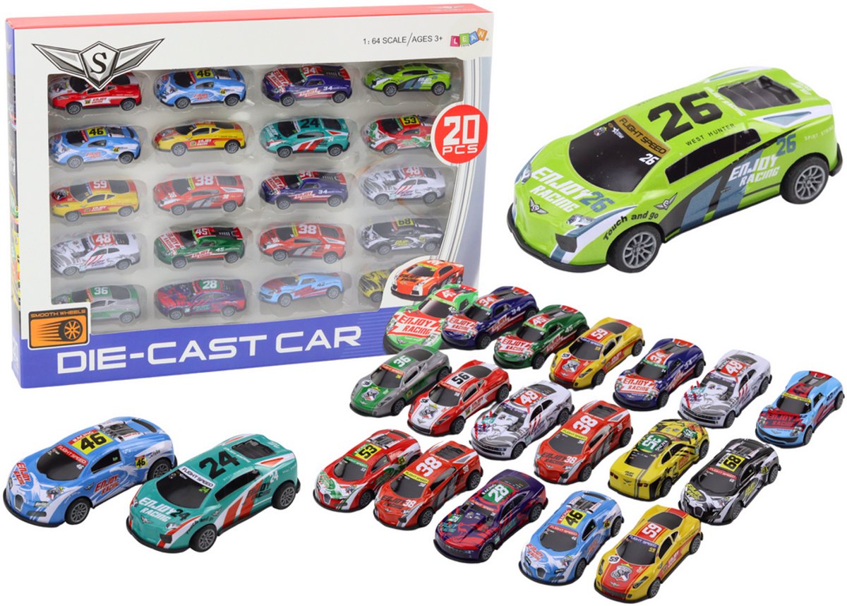 Set speelgoedauto's, veerveren, sportraceauto's, 1:64, 20 stuks. - UNI