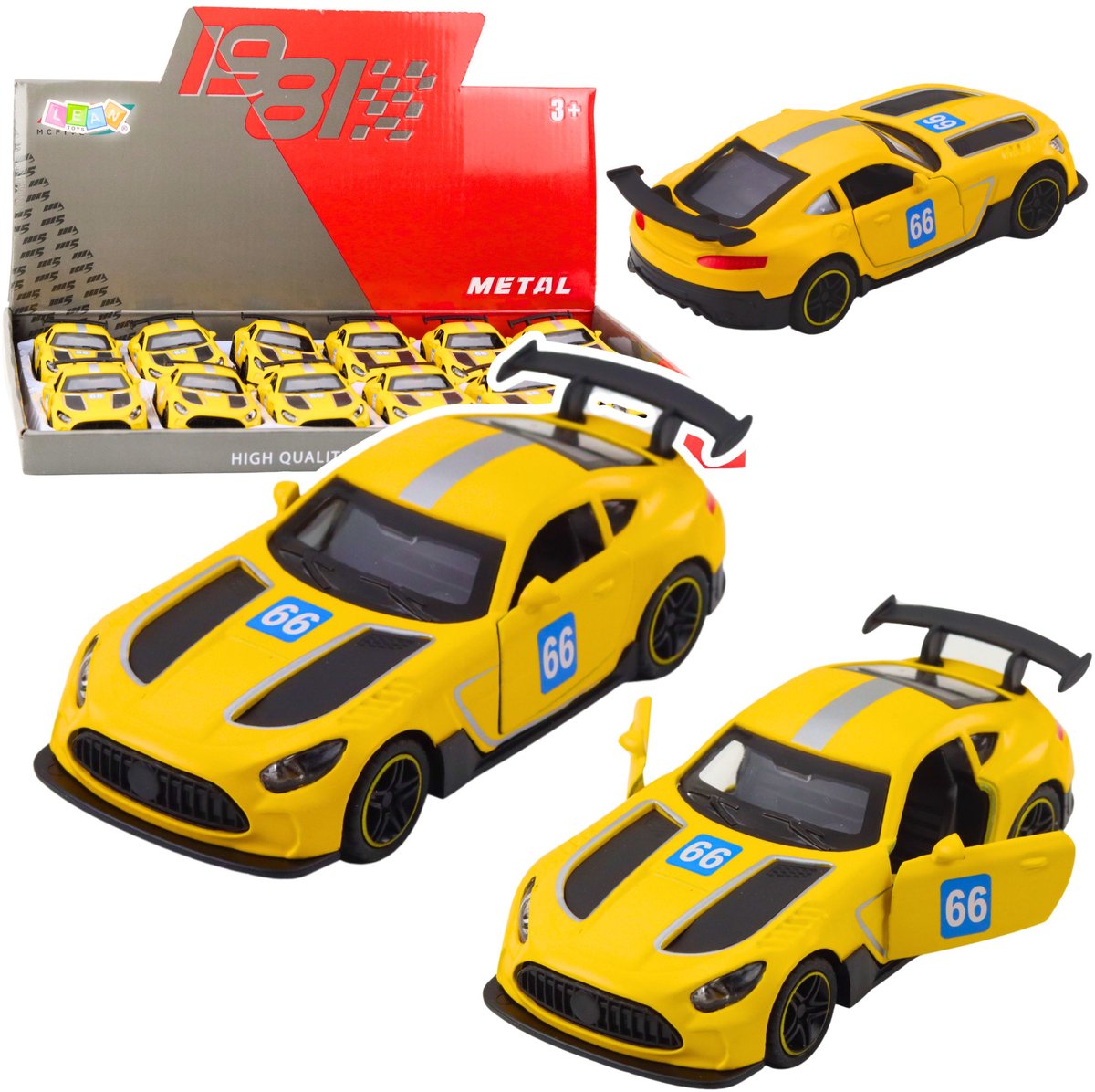 Raceauto metalen aandrijving openende deuren geel 1:43 - UNI