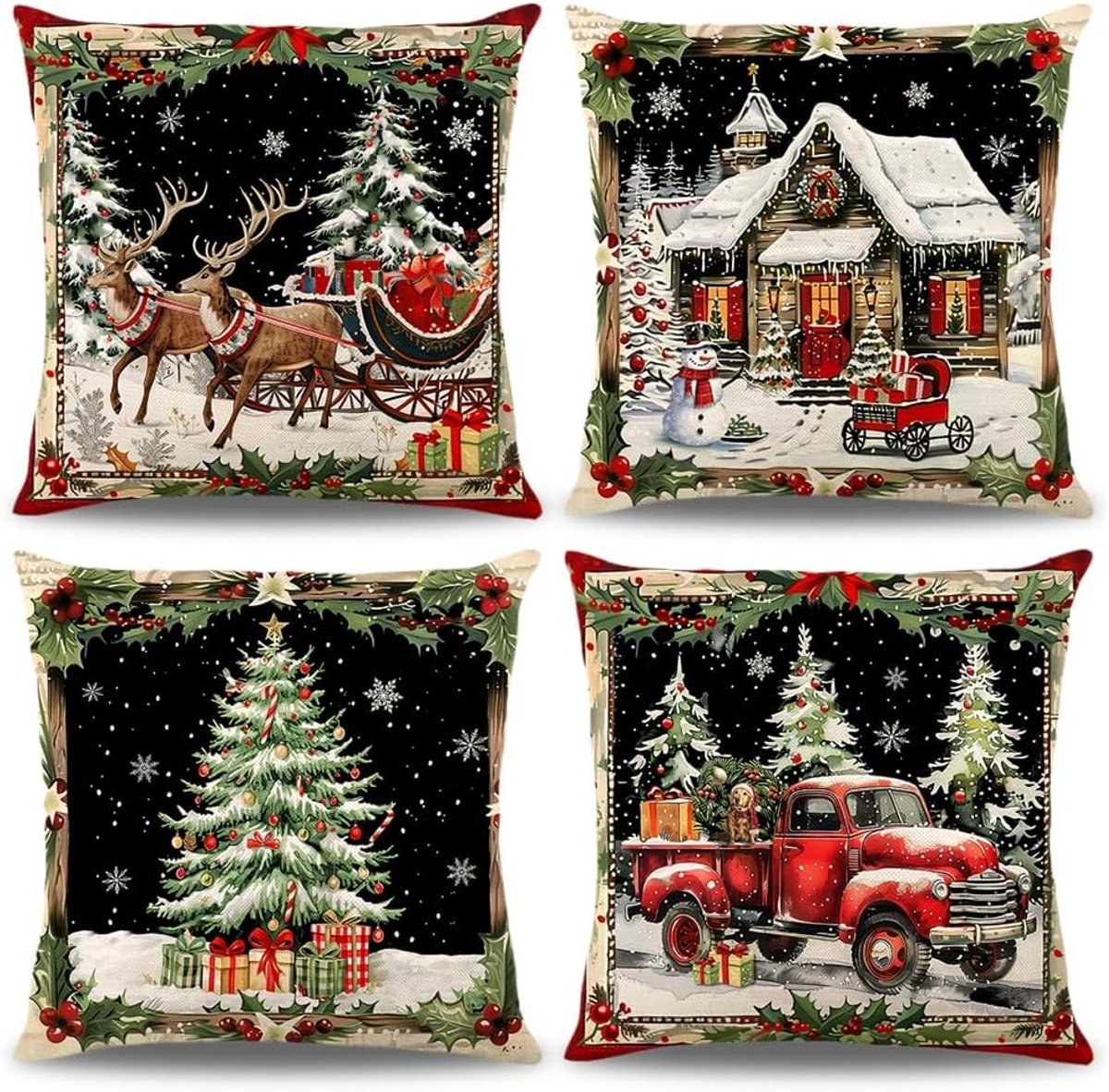 Linnen Kussenhoezen voor Kerstmis - 4 Stuks 40 x 40 cm en 45 x 45 cm - Decoratie voor Bank en Slaapkamer met Winterthema