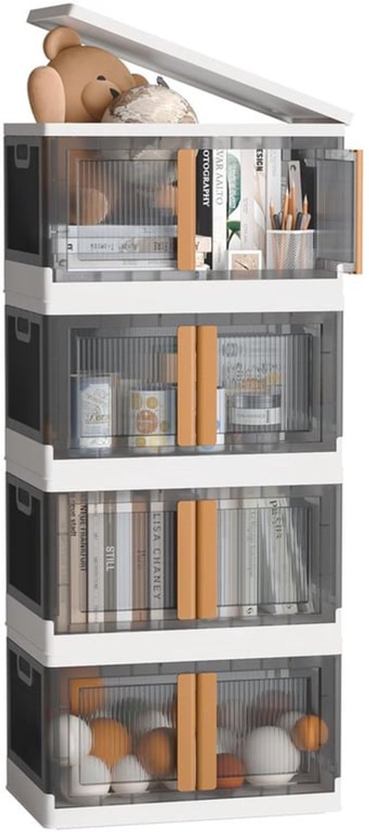 Opbergdoos groot - Opbergdoos met deksel - Stapelbare opbergdozen - 72 l - 4 stuks - Duurzaam PP-materiaal - Opvouwbaar met deur en wielen - Opbergbox