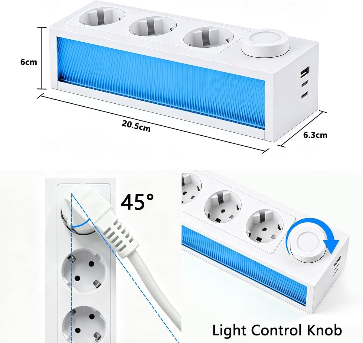 Stekkerdoos met RGB-licht - Wit - 7-in-1 Meervoudige Contactdoos met USB - Voor Thuis of Gaming