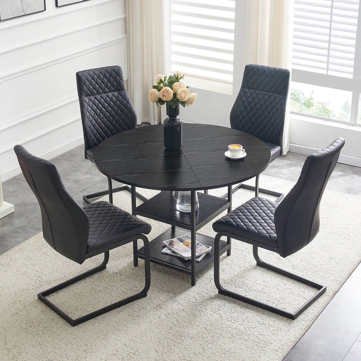 REDOM - Set tafel en stoelen - Ronde eettafel met dubbele legplanken - 4 eetkamerstoelen - Industrieel - Woonkamer - MDF en metaal - Zwart - 107 cm