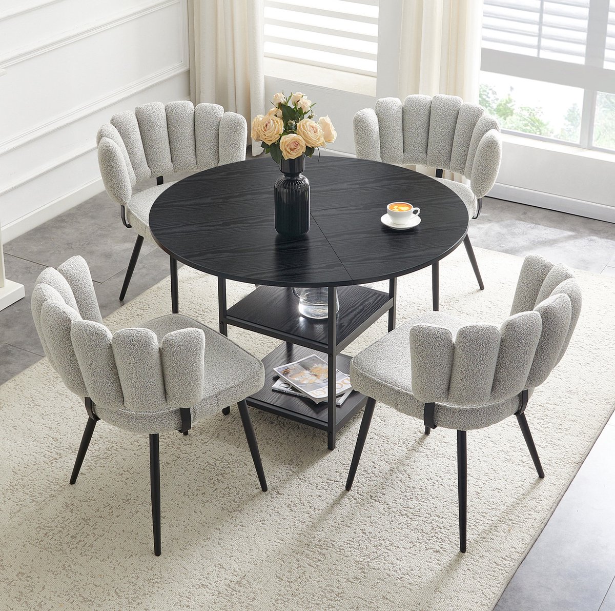 REDOM - Set tafel en stoelen - Ronde eettafel met dubbele opberglaag - 4 eetkamerstoelen - Industriële stijl - Eetkamer - MDF en metaal - Zwart en lichtgrijs - 107 cm