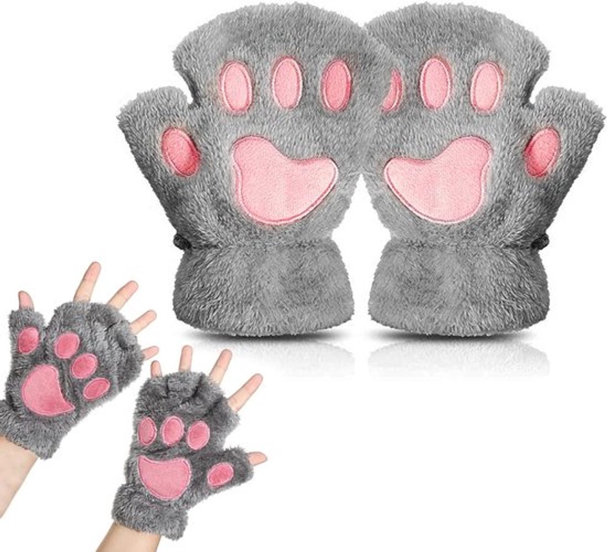Vingerloze Handschoenen voor Dames, Schattige Kattenpoot Handschoenen, Warme Cosplay Halfhandschoenen voor Vrouwen en Meisjes, Grijs, 18*13*3cm