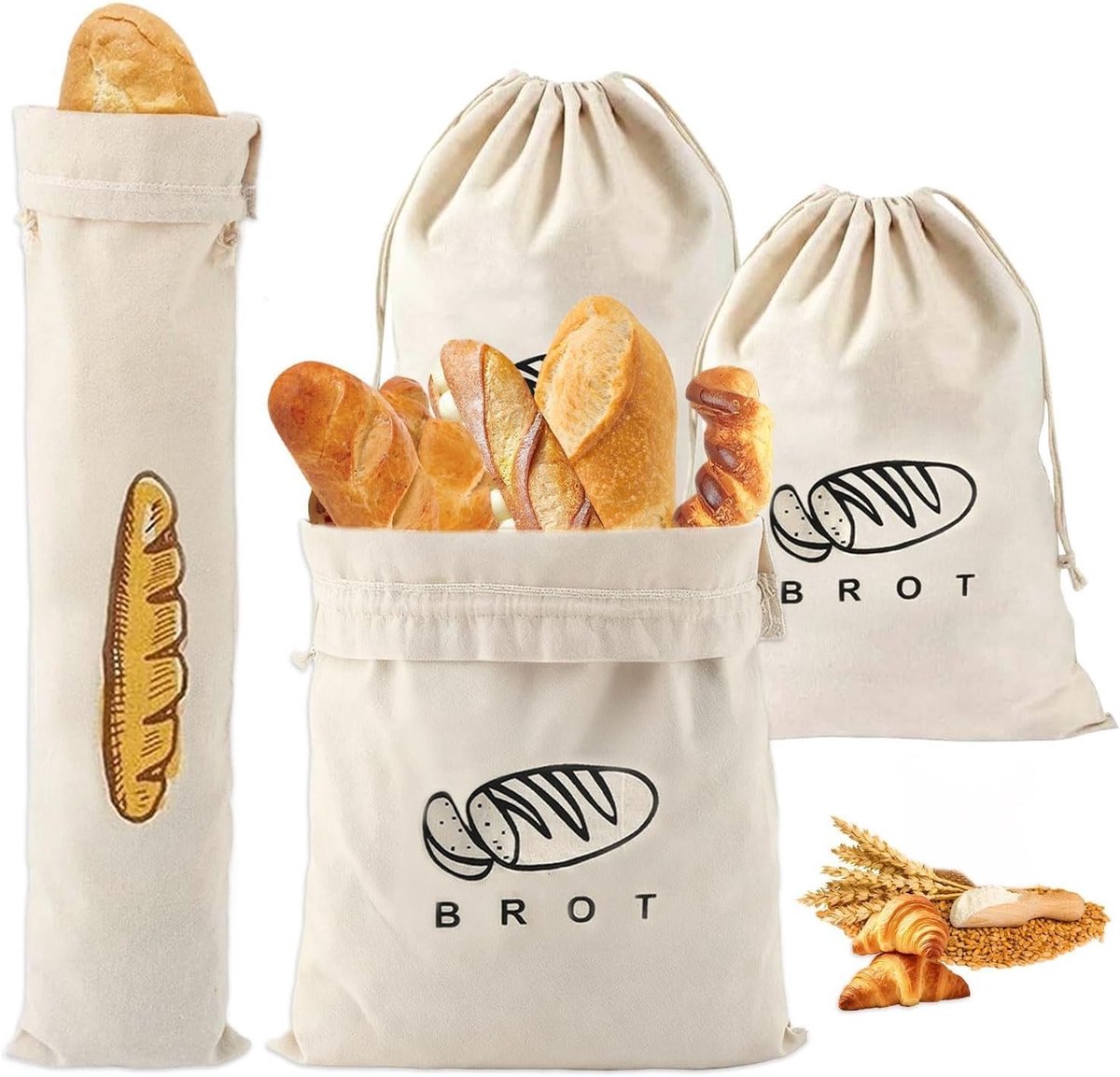 Linnen Broodzakken - Beige - 40 x 30 cm / 64 x 16 cm - Herbruikbare Zakken met Trekkoord - Voor Brood, Stokbrood, Fruit en Groenten