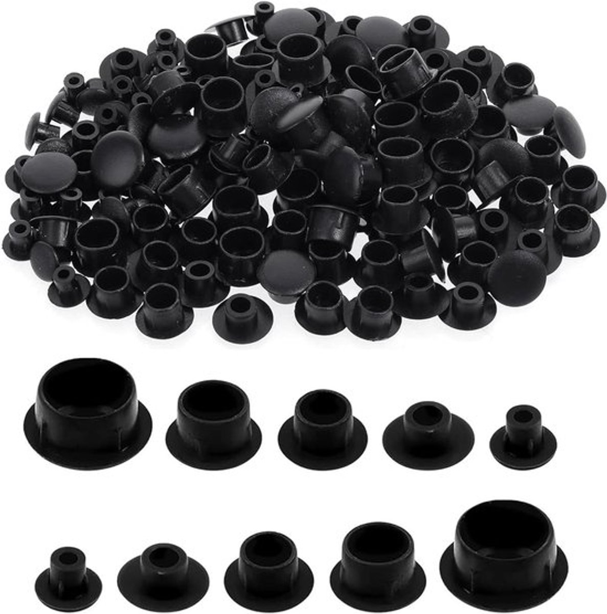 Set van 160 plastic afdekkappen voor schroeven en spijkers, schroefkapjes M8 voor meubels met gaten van 5-6-8-10 mm (zwart) - Bescherming, Afwerking, Meubelaccessoires