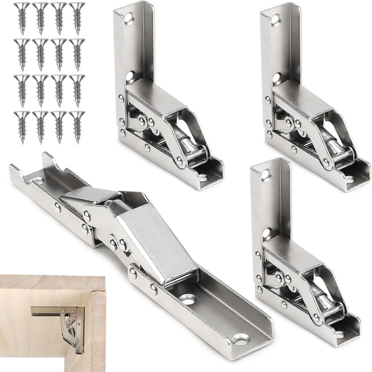 SnelShoppen - 4x Vouwbare Kastscharnieren met Veer, Zonder Potgat, Inclusief 16 Schroeven, Ideaal voor Keuken en Meubels, Ruimtebesparend en Duurzaam