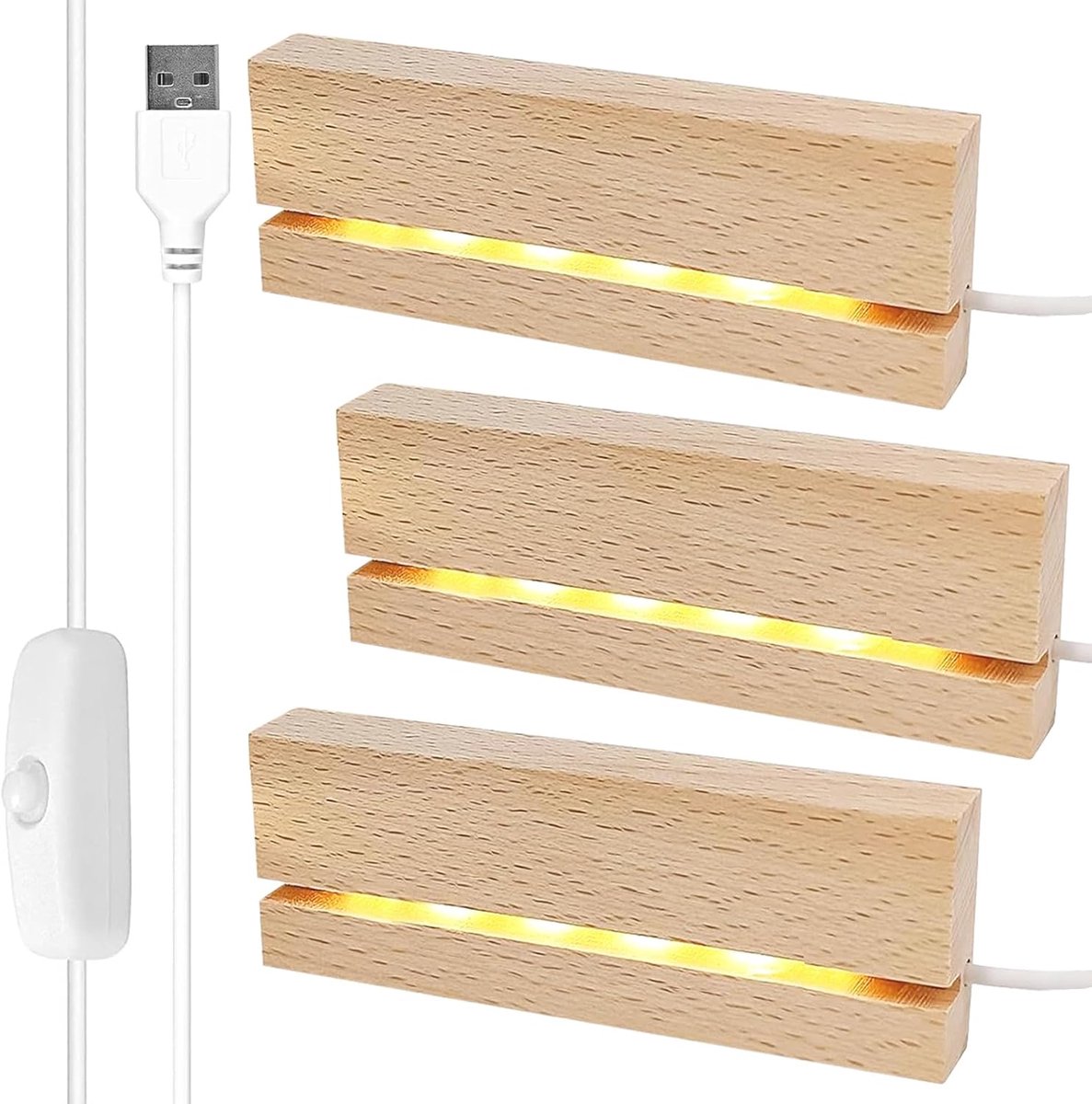 SnelShoppen - LED Display Base Set - 3-delige Houten USB Verlichtingsbasis - Rechthoekige Bureau Lampenstandaard - Elegante en Duurzame Tafelverlichti
