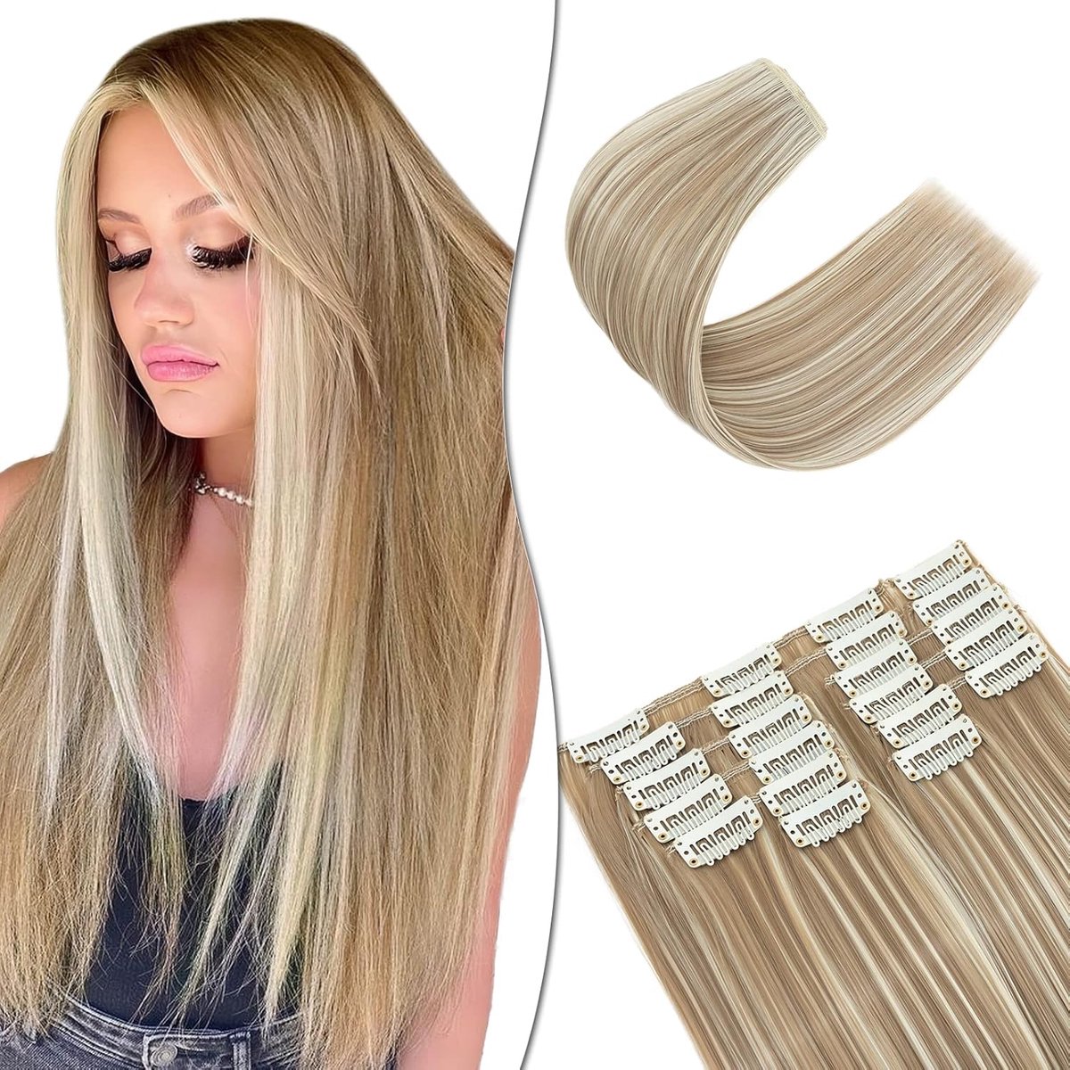 SnelShoppen - 12 Clip-in Haarextensions Set van 55 cm - Sandblond - 180 g - Verwarmbaar en Wasbaar - Perfect voor Feestelijke Gelegenheden