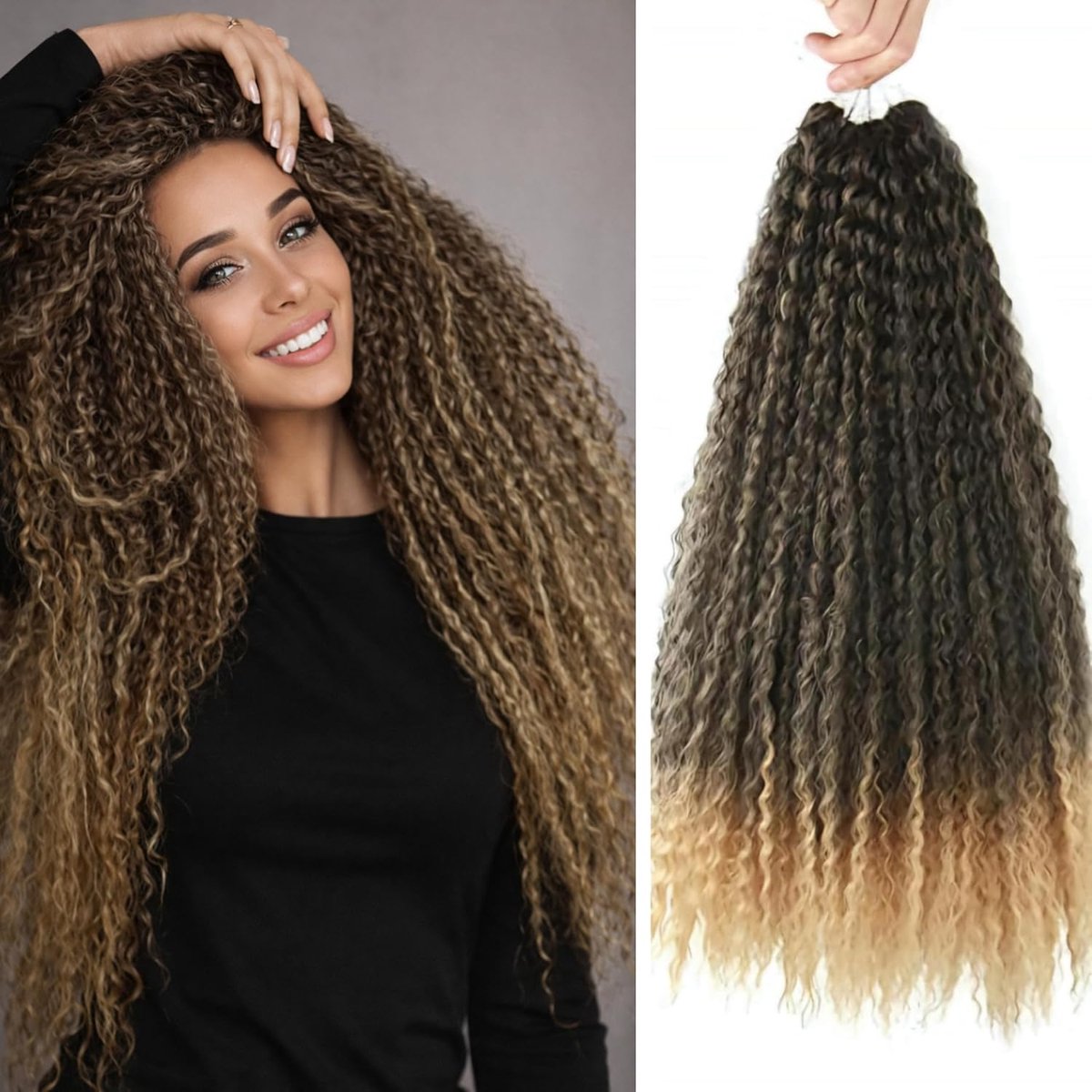 SnelShoppen - Brazilian Curly Crochet Braid Haar - Haarverlenging voor Natuurlijke Look - Premium Kanekalon - 600g in 5 Stukken + Satin Nachtkap (T27,