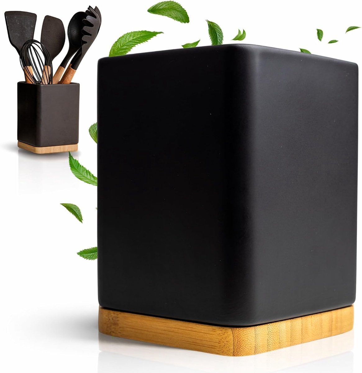 SnelShoppen - Keuken Gereedschap Houder - Keramisch en Bamboe Keuken Hulpmiddel Houder - Vierkant Keuken Opslag - Zwart - 10,5 x 10,5 x 15 cm