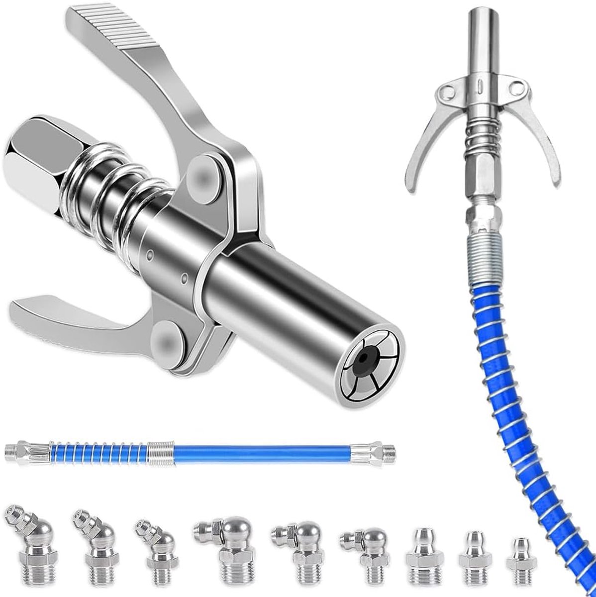 Grease Coupler met 30 cm slang - RVS vetspuit nozzle - Ergonomische dubbele handgreep - Voor eenvoudig vet spuiten - ShopVlot